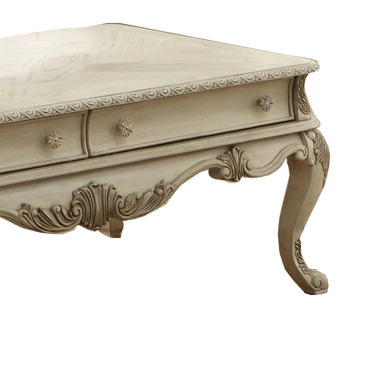 Benzara 19 Inch 2 Drawer Traditional Wooden Coffee Table, Antique White BM191257 - Image 4