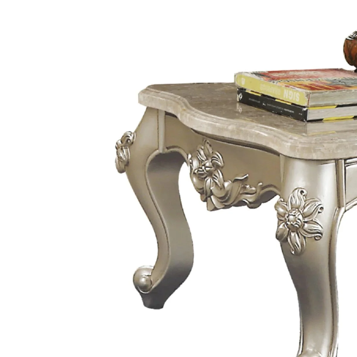 Benzara 20" Carved Wooden Coffee Table With Marble Top, Silver BM186974 - Image 4
