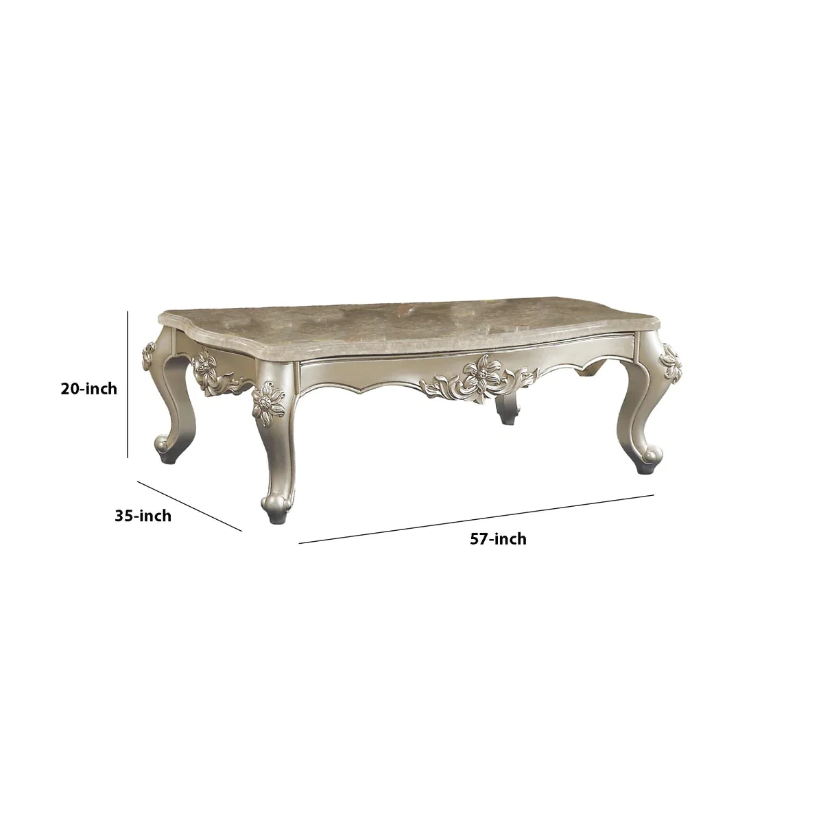 Benzara 20" Carved Wooden Coffee Table With Marble Top, Silver BM186974 - Image 9