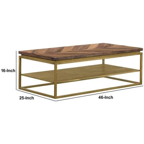 Benzara 46 Inch Wooden And Metal Coffee Table, Brown And Brass BM236488 - Image 5