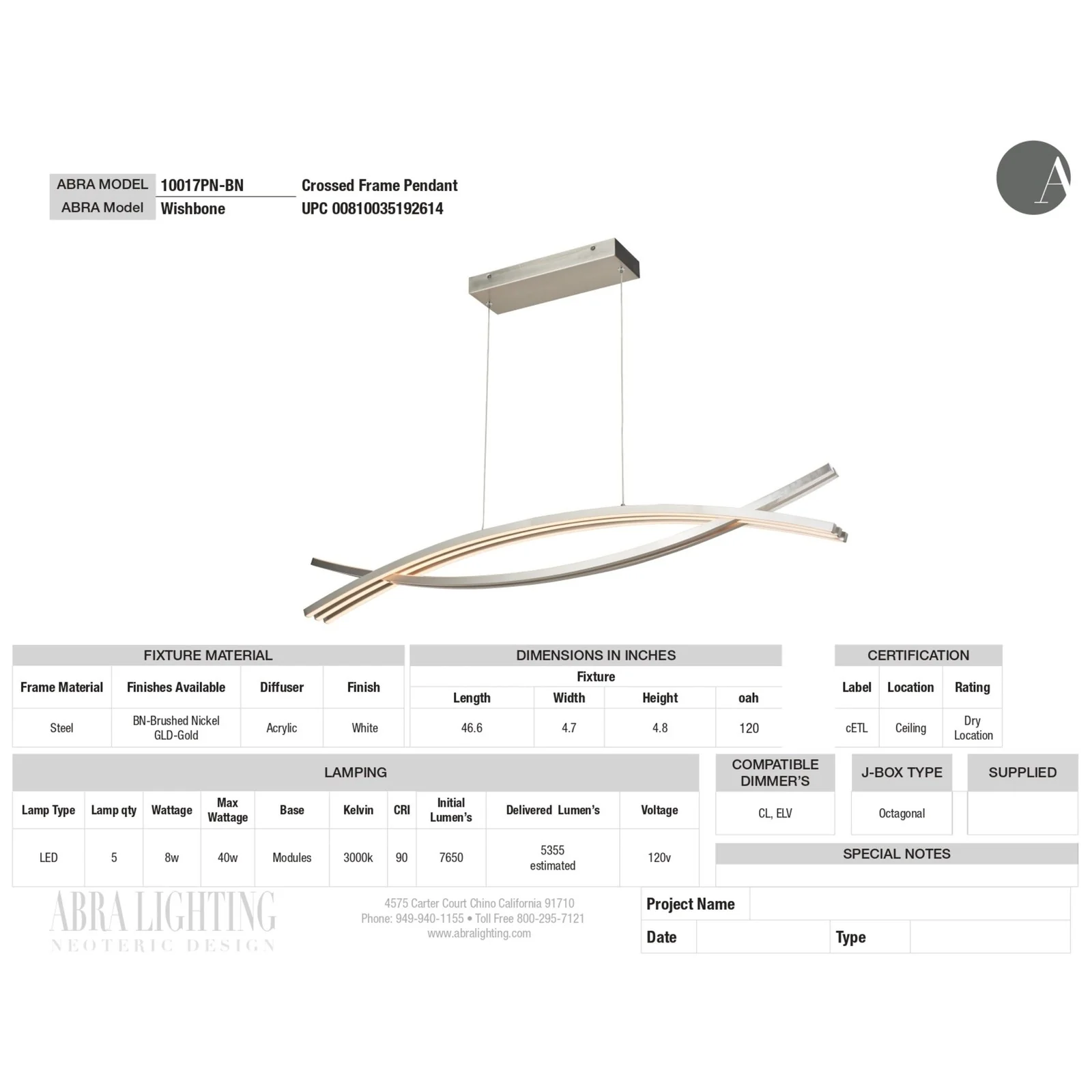 Abra Lighting Wishbone Crossed Frame Pendant 10017PN - Image 13
