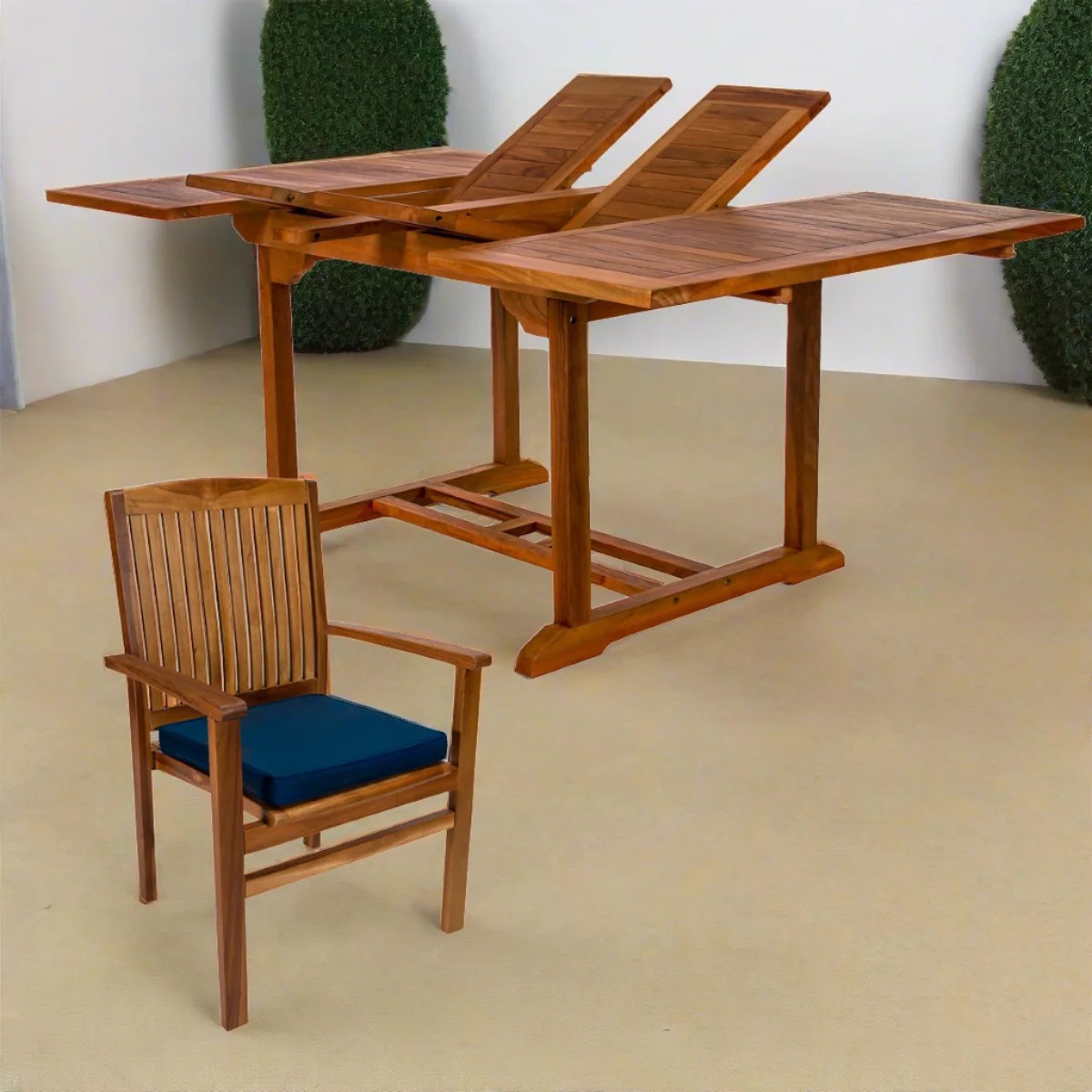 All Things Cedar 5-Piece Butterfly Extension Table Stacking Chair Set with Blue Cushions TD72-24-B