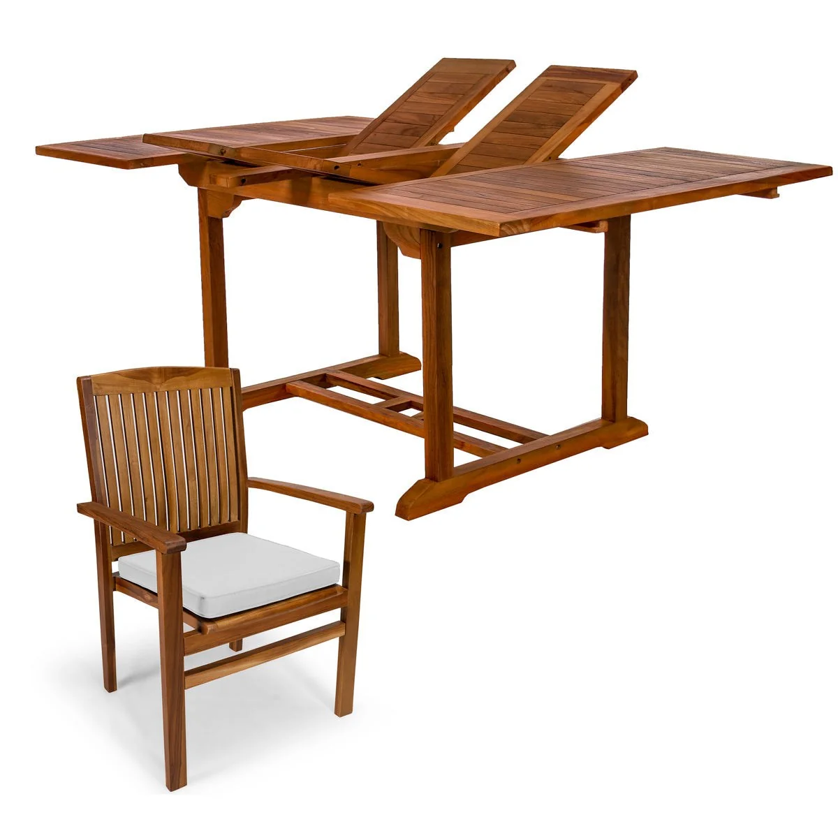 All Things Cedar 5-Piece Butterfly Extension Table Stacking Chair Set with White Cushions TD72-24-W - Image 2