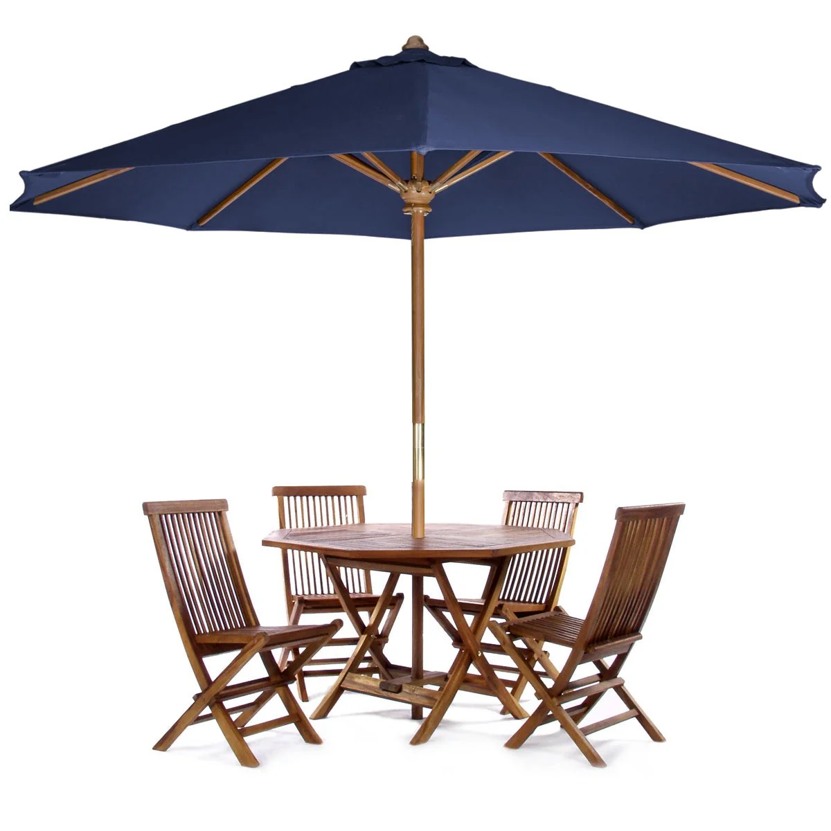 All Things Cedar 6-Piece 4-ft Teak Octagon Folding Table Set with Blue Umbrella TT6P-O-B - Image 2