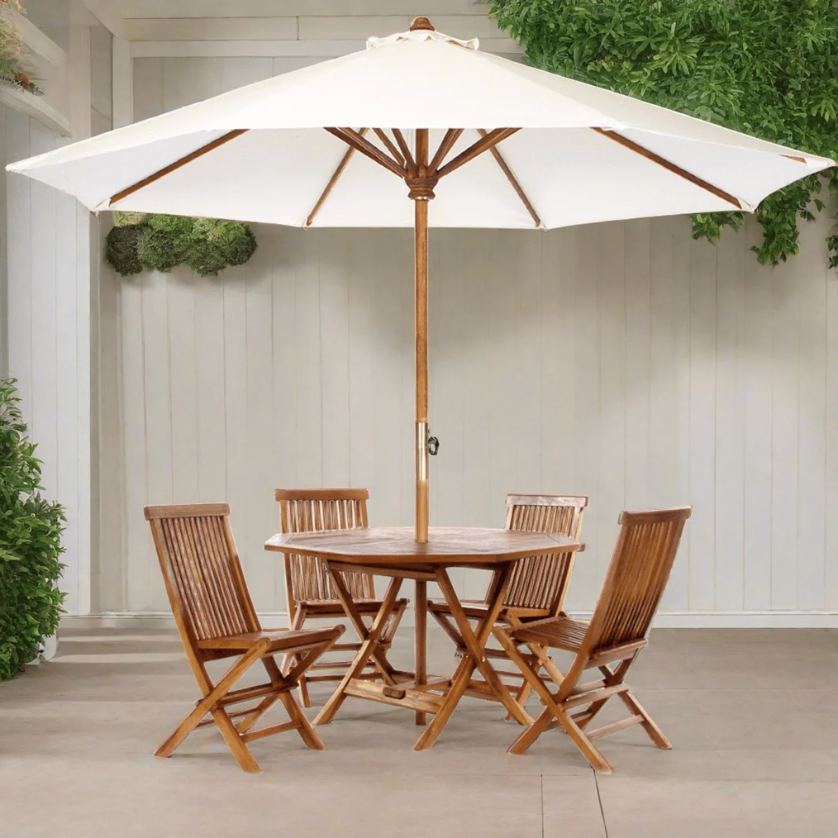 All Things Cedar 6-Piece 4-ft Teak Octagon Folding Table Set with White Umbrella TT6P-O-W