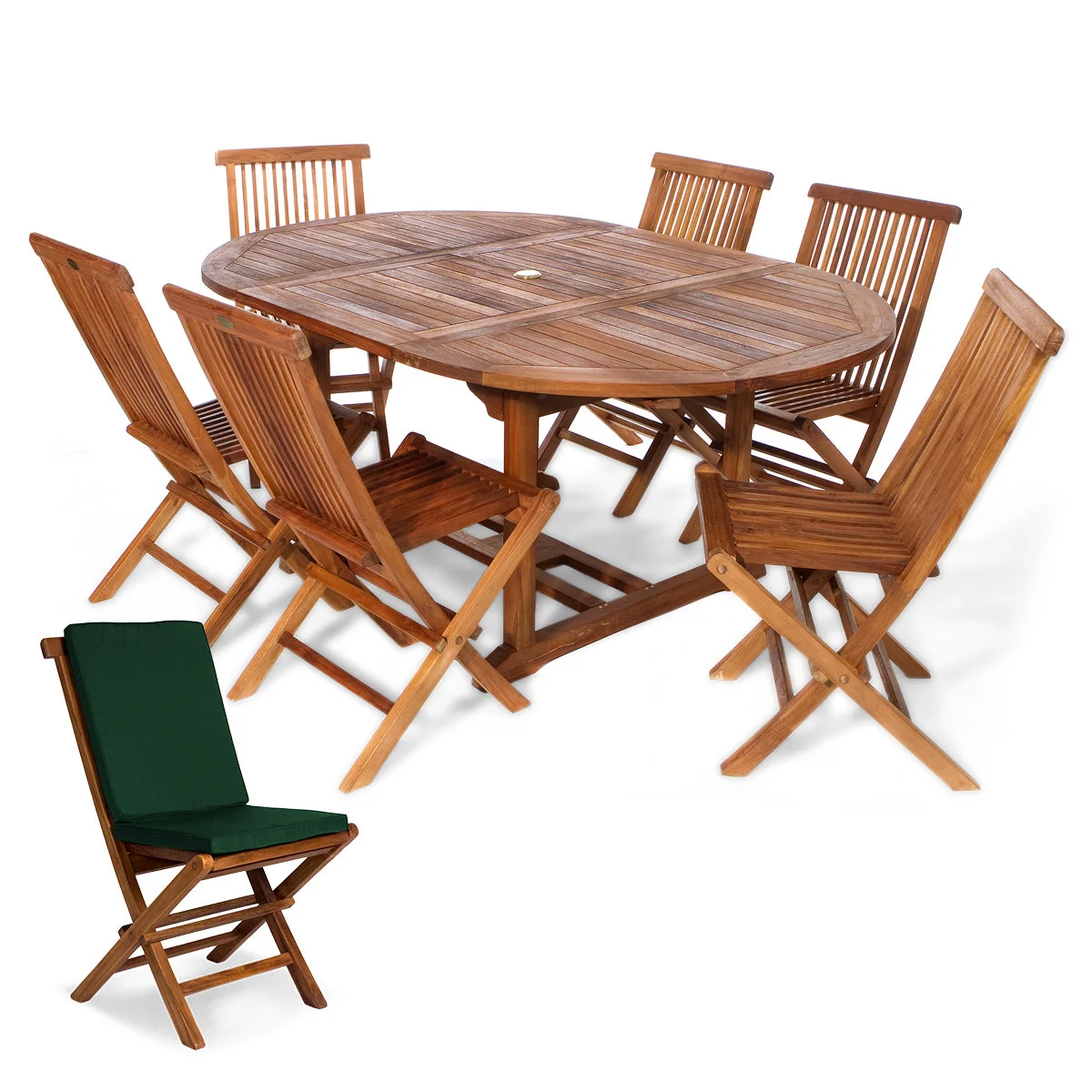 All Things Cedar 7-Piece Oval Extension Table Folding Chair Set with Green Cushions TE70-22-G - Image 2