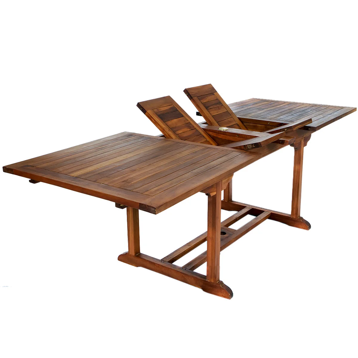 All Things Cedar 7-Piece Twin Butterfly Leaf Teak Extension Table Dining Chair Set with Blue Cushions TE90-20-B - Image 3