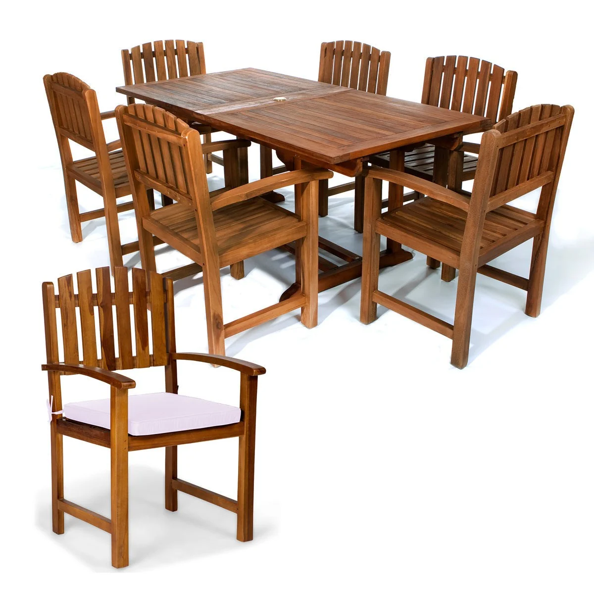 All Things Cedar 7-Piece Twin Butterfly Leaf Teak Extension Table Dining Chair Set with Royal White Cushions TE90-20-RW - Image 2
