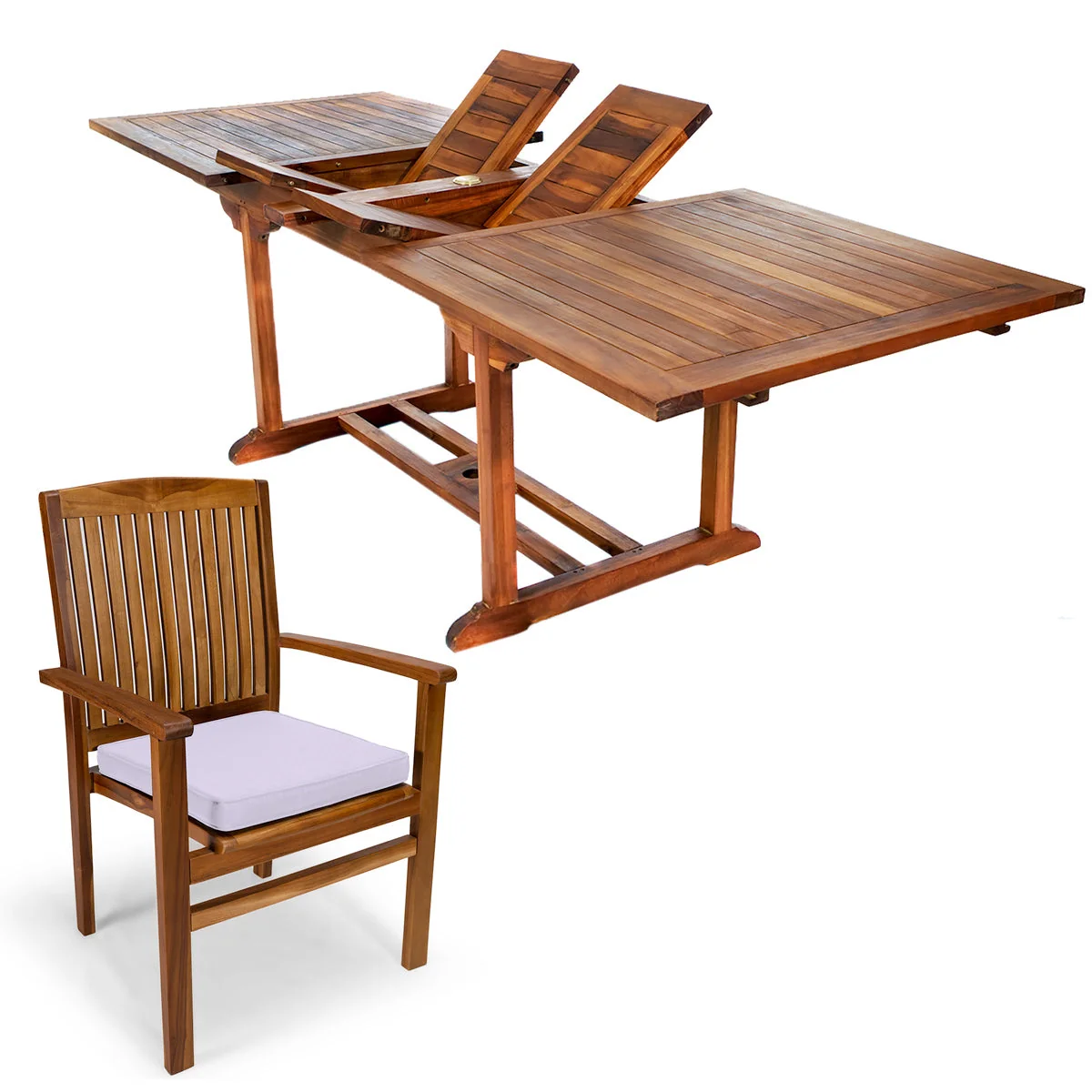 All Things Cedar 7-Piece Twin Butterfly Leaf Teak Extension Table Stacking Chair Set with Royal White Cushions TE90-24-RW - Image 2