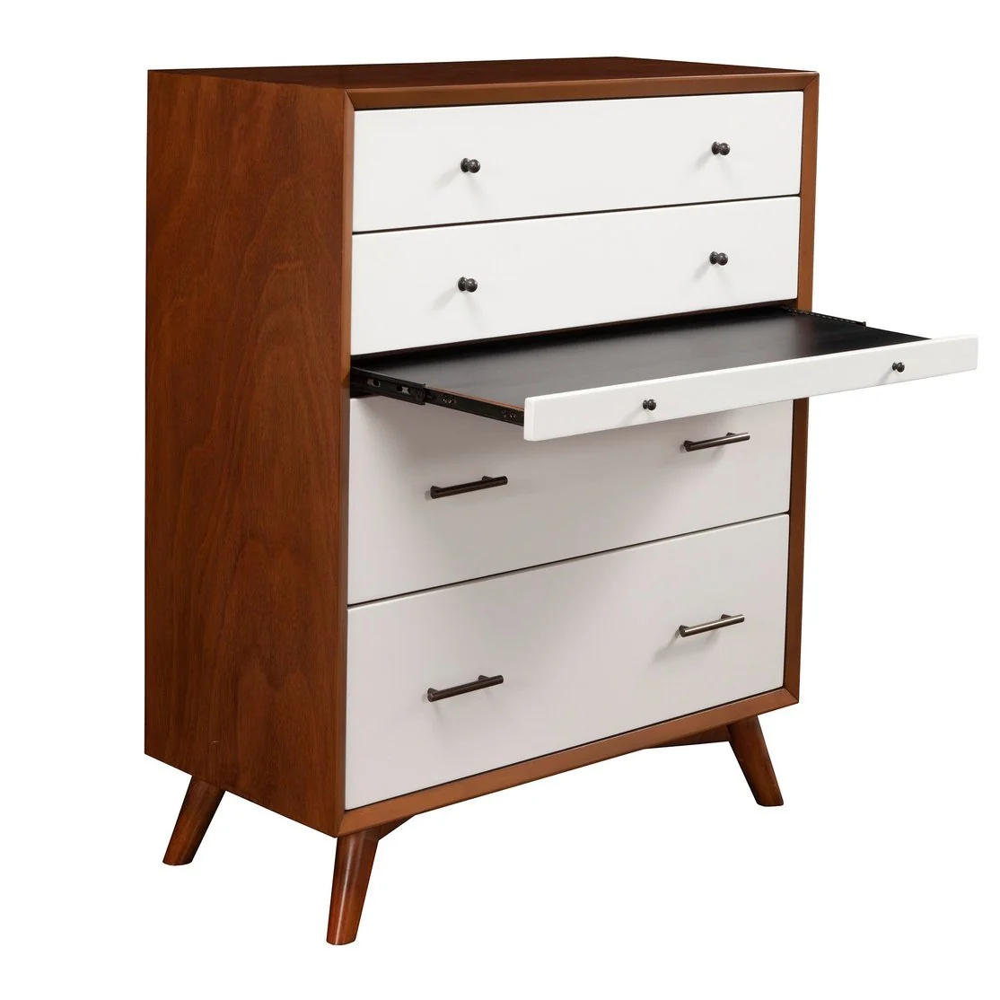 Alpine Furniture Flynn Mid Century Modern 4 Drawer Two Tone Multifunction Chest w/Pull Out Tray, Acorn/White 999-05 - Image 3