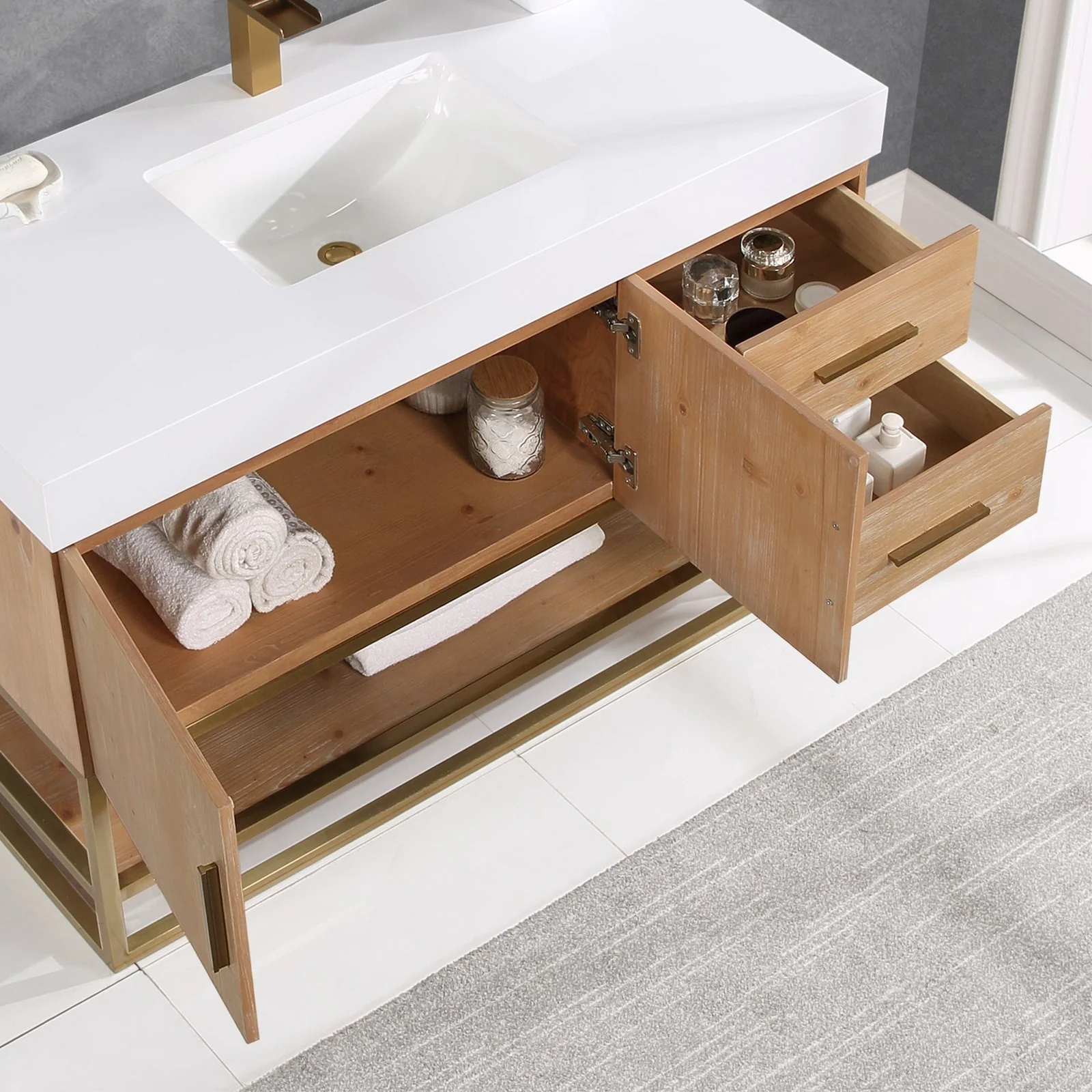 Altair Design Bianco 48" Single Bathroom Vanity in Light Brown with Brushed Gold Support Base and White Composite Stone Countertop - Image 8