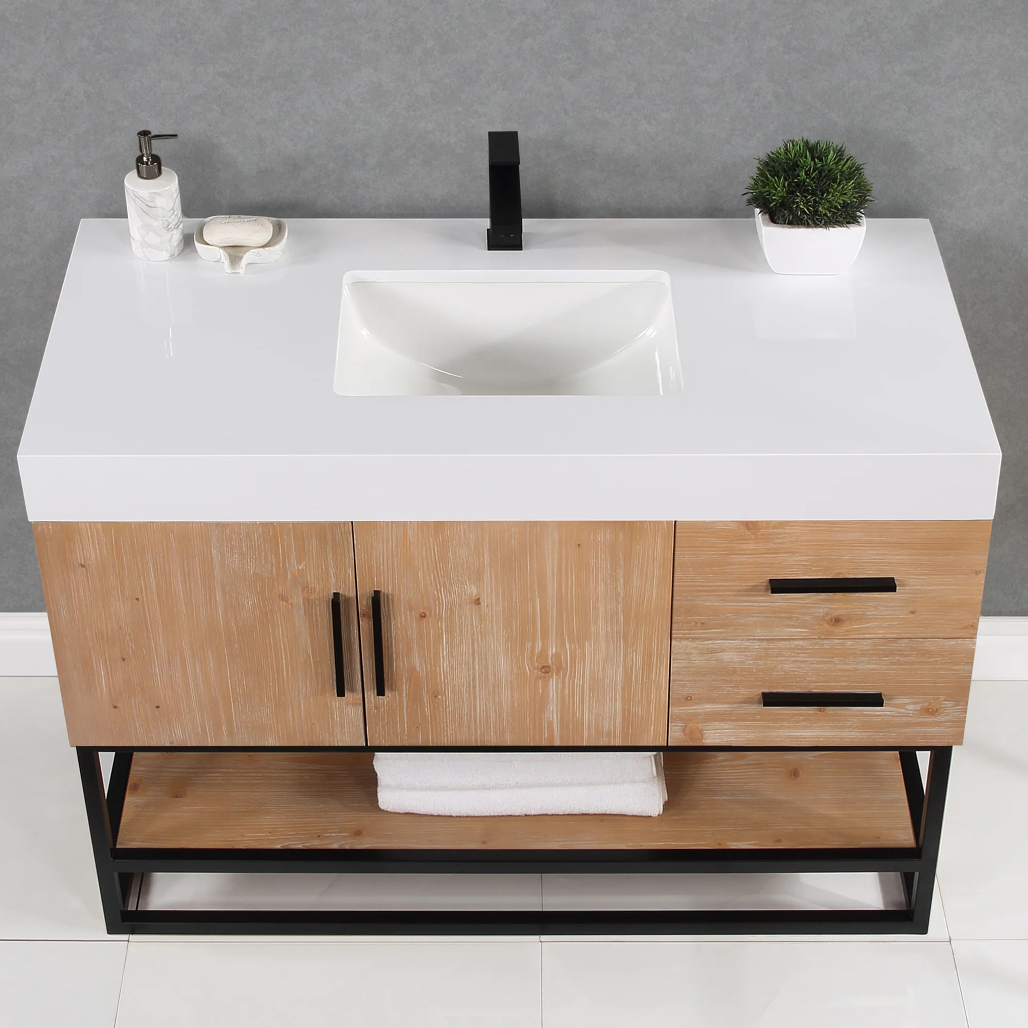 Altair Design Bianco 48" Single Bathroom Vanity in Light Brown with Matte Black Support Base and White Composite Stone Countertop - Image 10