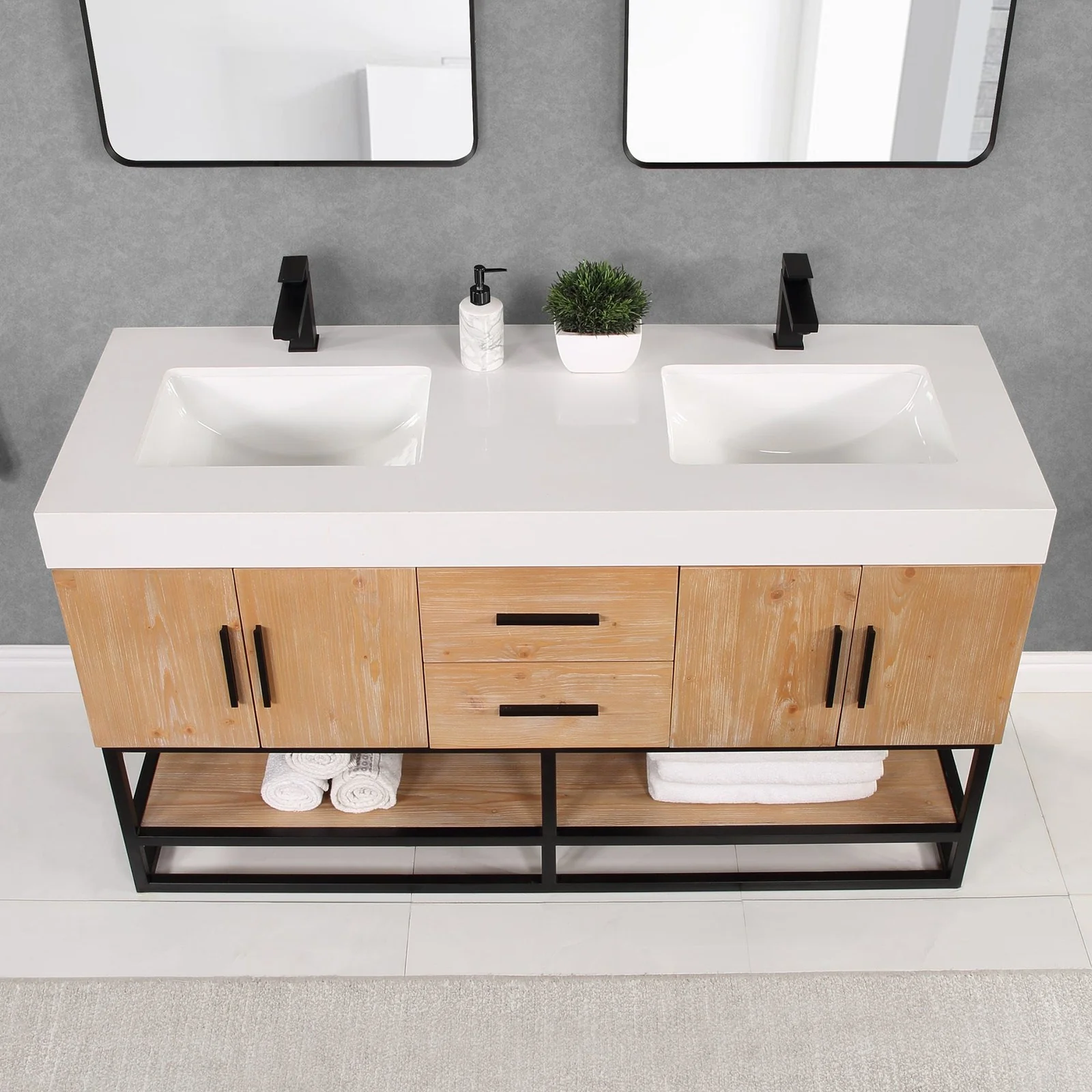 Altair Design Bianco 60" Double Bathroom Vanity in Light Brown with Matte Black Support Base and White Composite Stone Countertop - Image 10