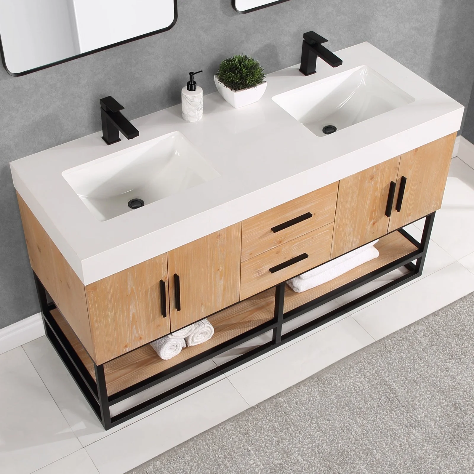 Altair Design Bianco 60" Double Bathroom Vanity in Light Brown with Matte Black Support Base and White Composite Stone Countertop - Image 5