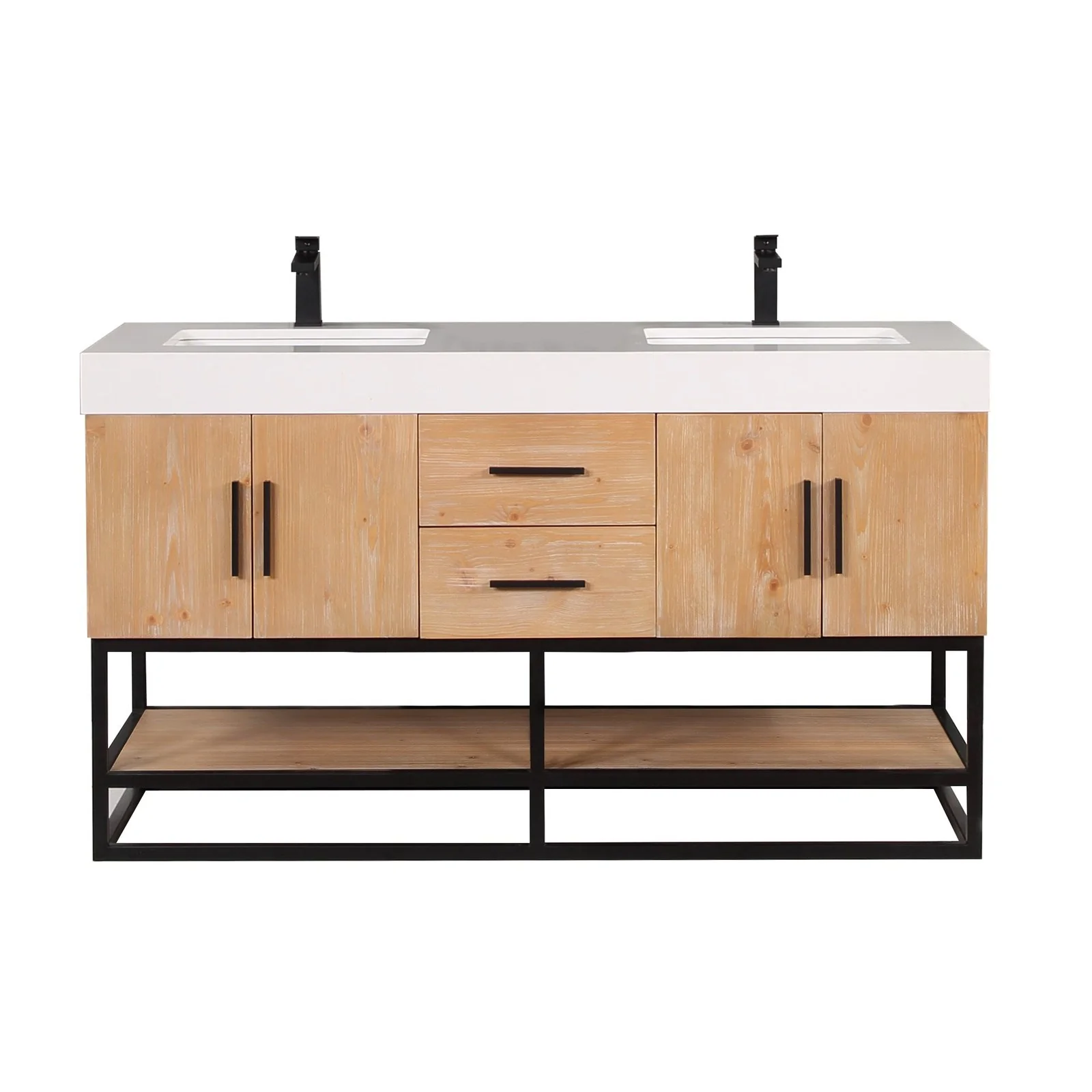 Altair Design Bianco 60" Double Bathroom Vanity in Light Brown with Matte Black Support Base and White Composite Stone Countertop - Image 7