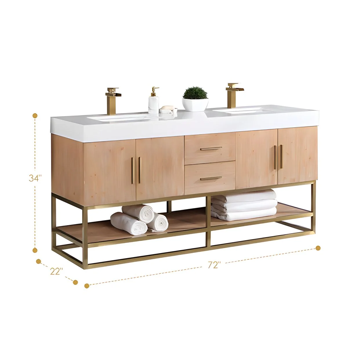 Altair Design Bianco 72" Double Bathroom Vanity in Light Brown with Brushed Gold Support Base and White Composite Stone Countertop - Image 11