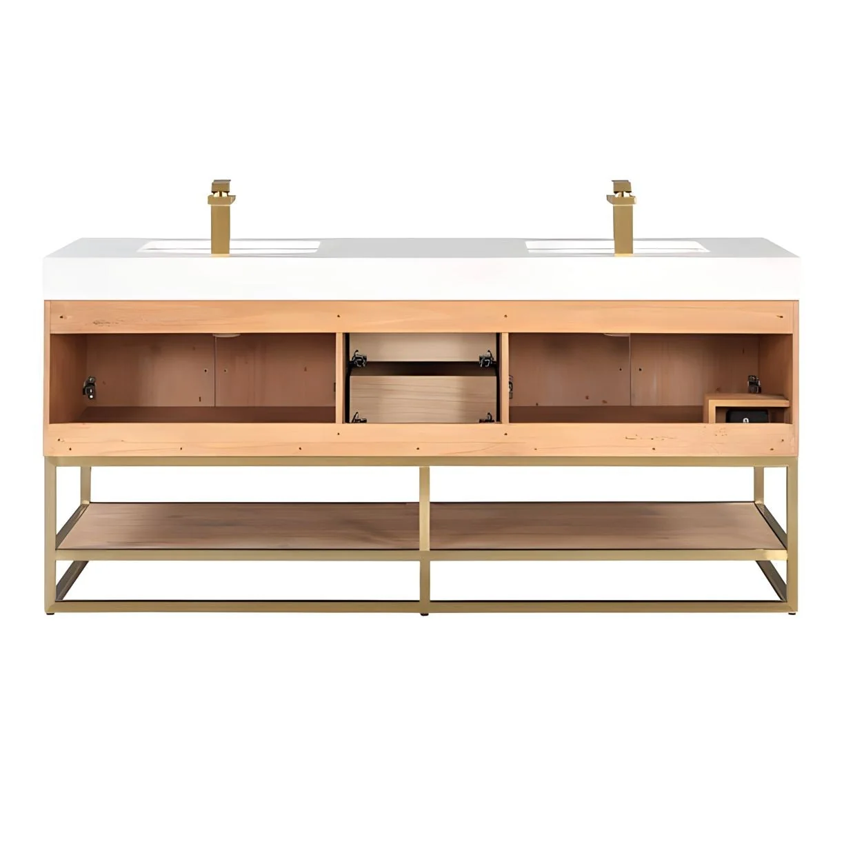 Altair Design Bianco 72" Double Bathroom Vanity in Light Brown with Brushed Gold Support Base and White Composite Stone Countertop - Image 13