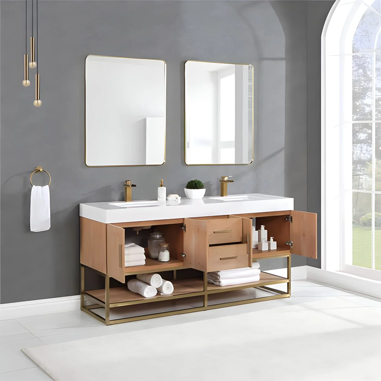 Altair Design Bianco 72" Double Bathroom Vanity in Light Brown with Brushed Gold Support Base and White Composite Stone Countertop - Image 3