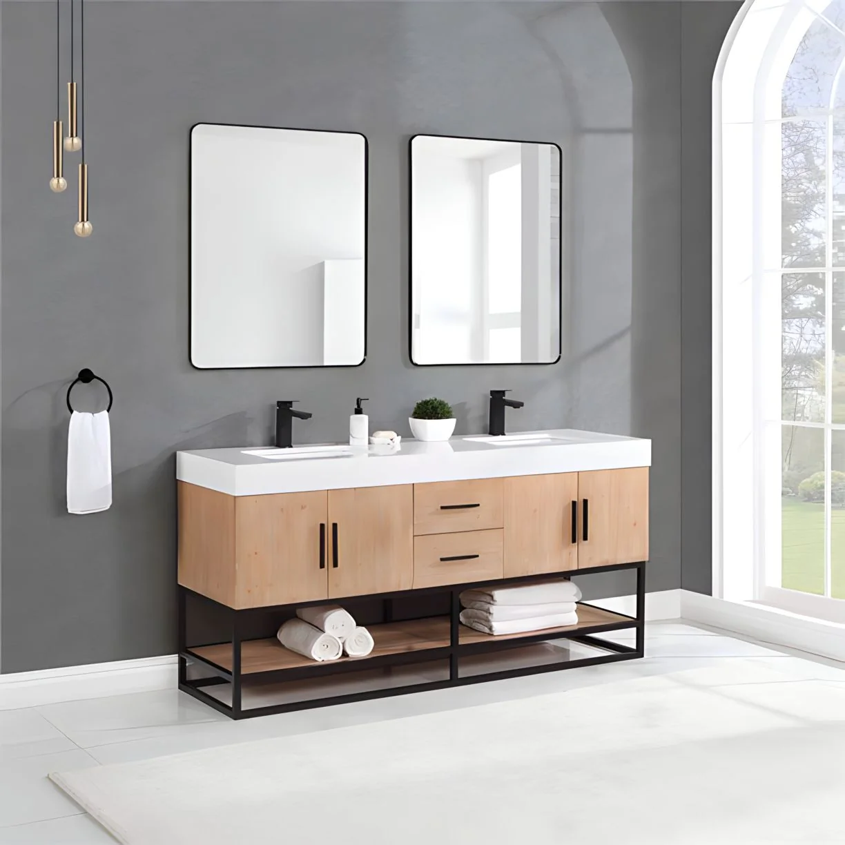Altair Design Bianco 72" Double Bathroom Vanity in Light Brown with Matte Black Support Base and White Composite Stone Countertop - Image 6