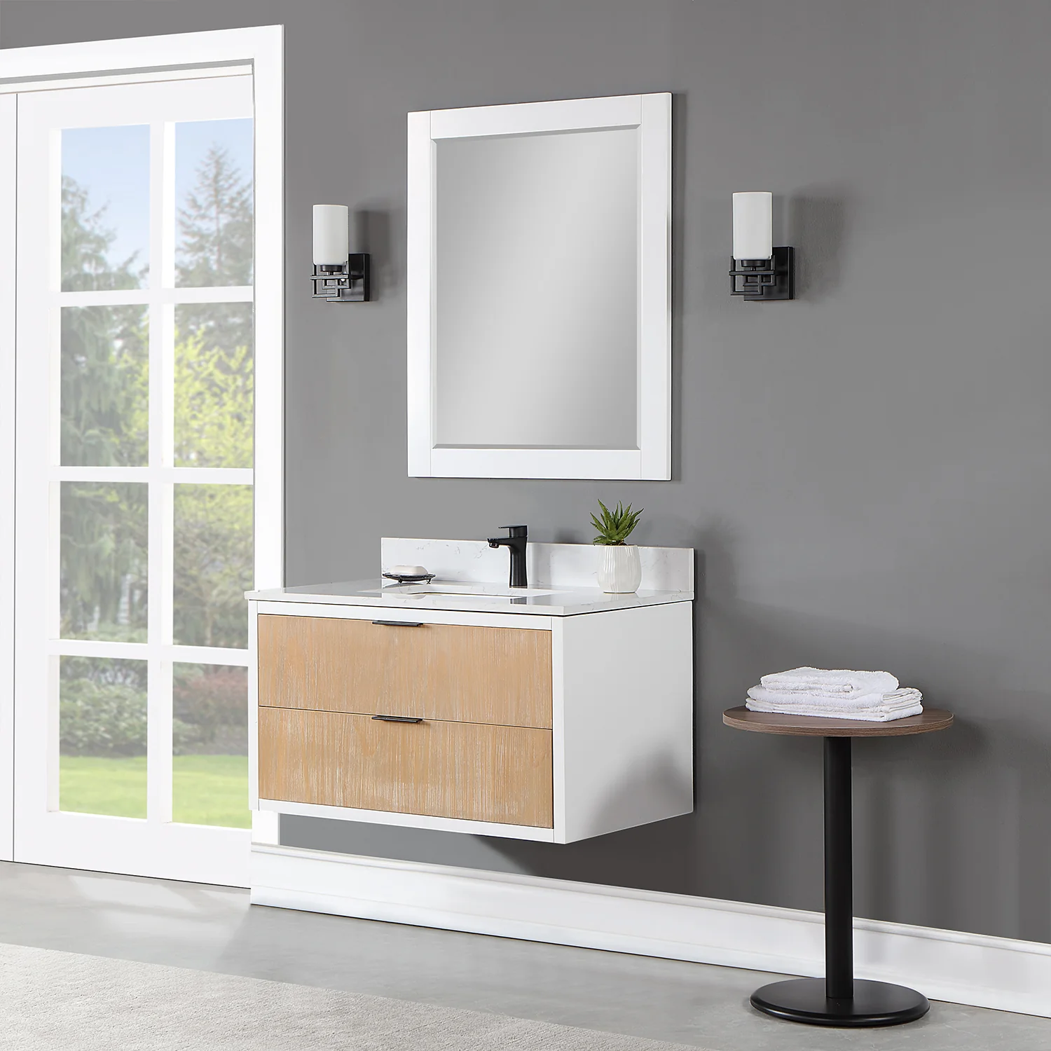 Altair Design Dione 36" Single Bathroom Vanity in Weathered Pine with Aosta White Composite Stone Countertop - Image 3