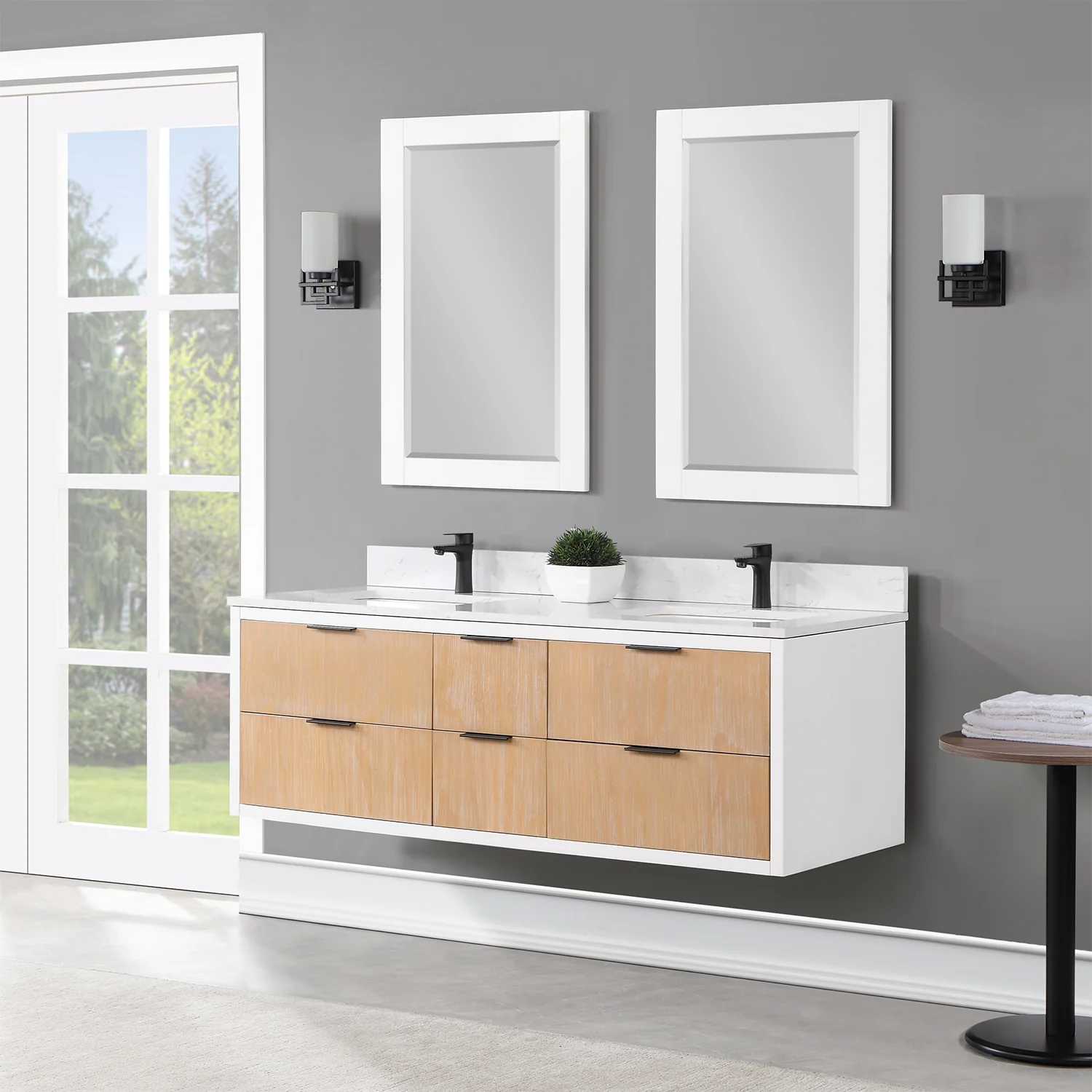 Altair Design Dione 60" Double Bathroom Vanity in Weathered Pine with Aosta White Composite Stone Countertop - Image 3