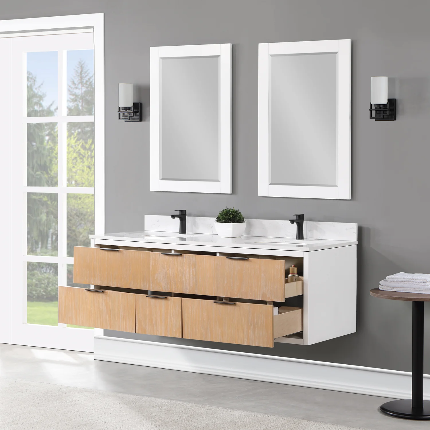 Altair Design Dione 60" Double Bathroom Vanity in Weathered Pine with Aosta White Composite Stone Countertop - Image 5