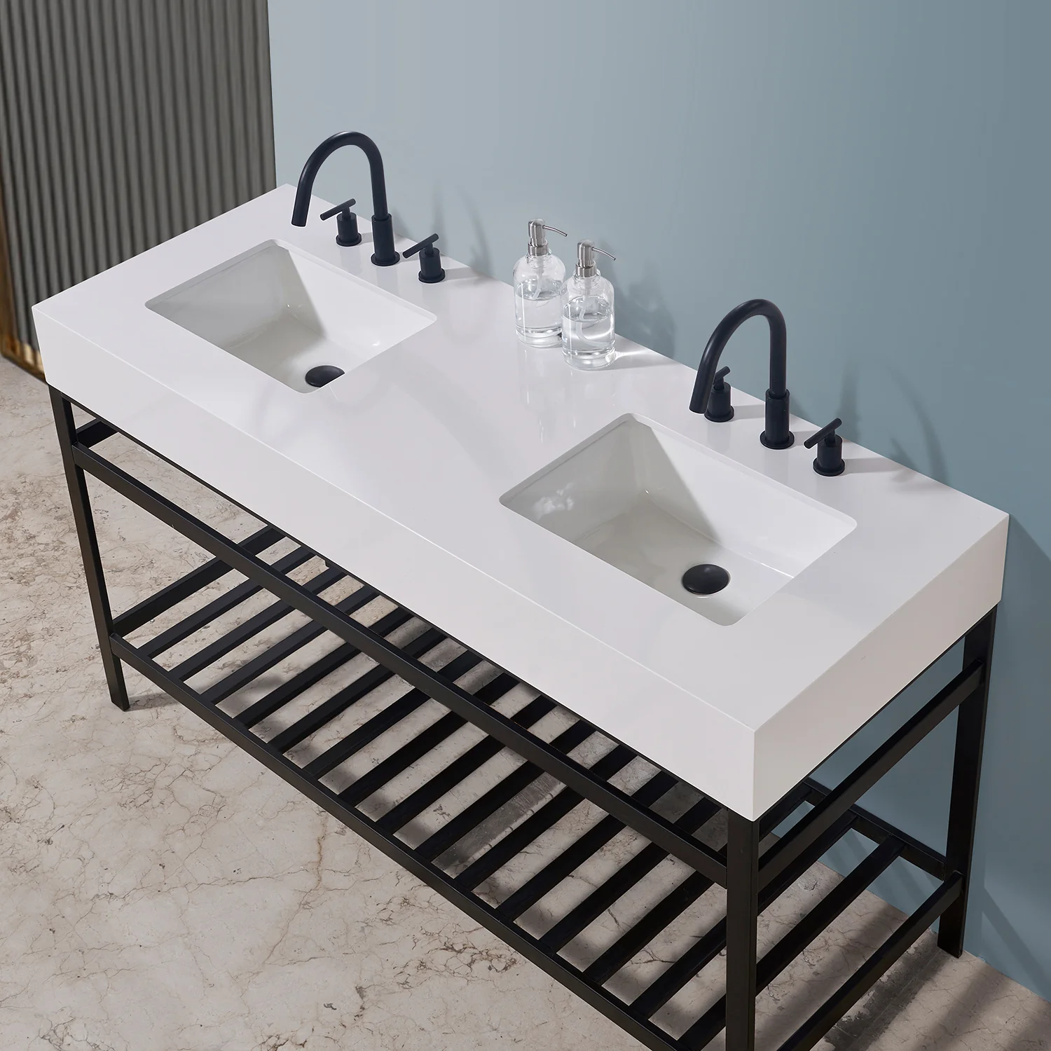 Altair Design Edolo 60" Double Stainless Steel Vanity Console in Matt Black with Snow White Stone Countertop - Image 11