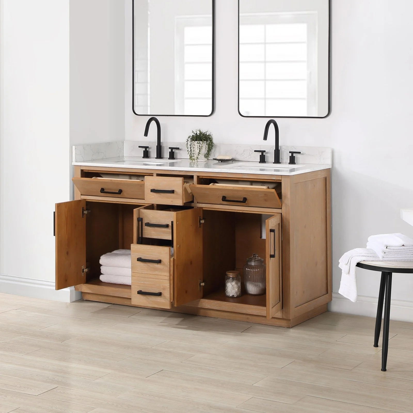 Altair Design Gavino 60" Double Bathroom Vanity in Light Brown with Grain White Composite Stone Countertop - Image 11