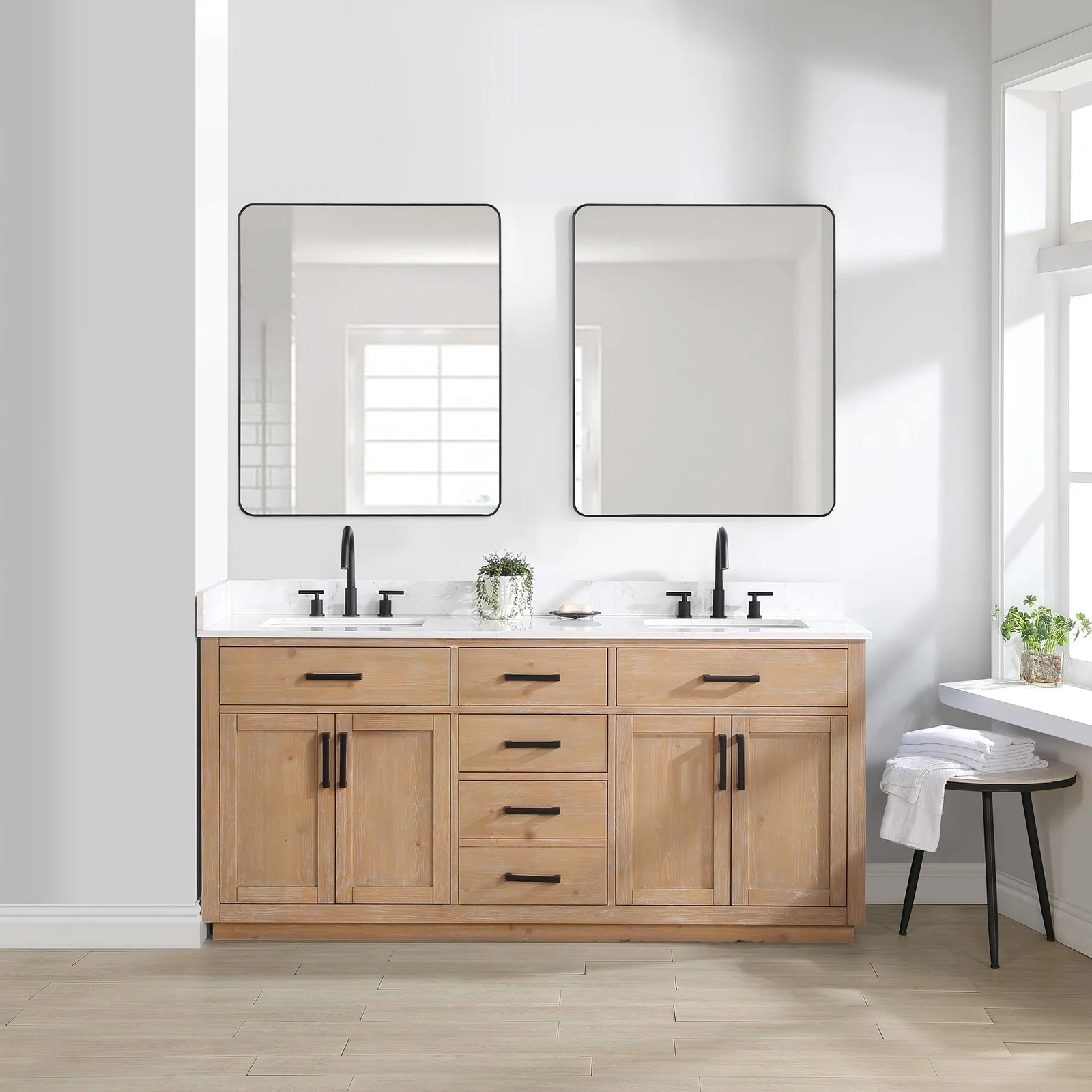 Altair Design Gavino 72" Double Bathroom Vanity in Light Brown with Grain White Composite Stone Countertop