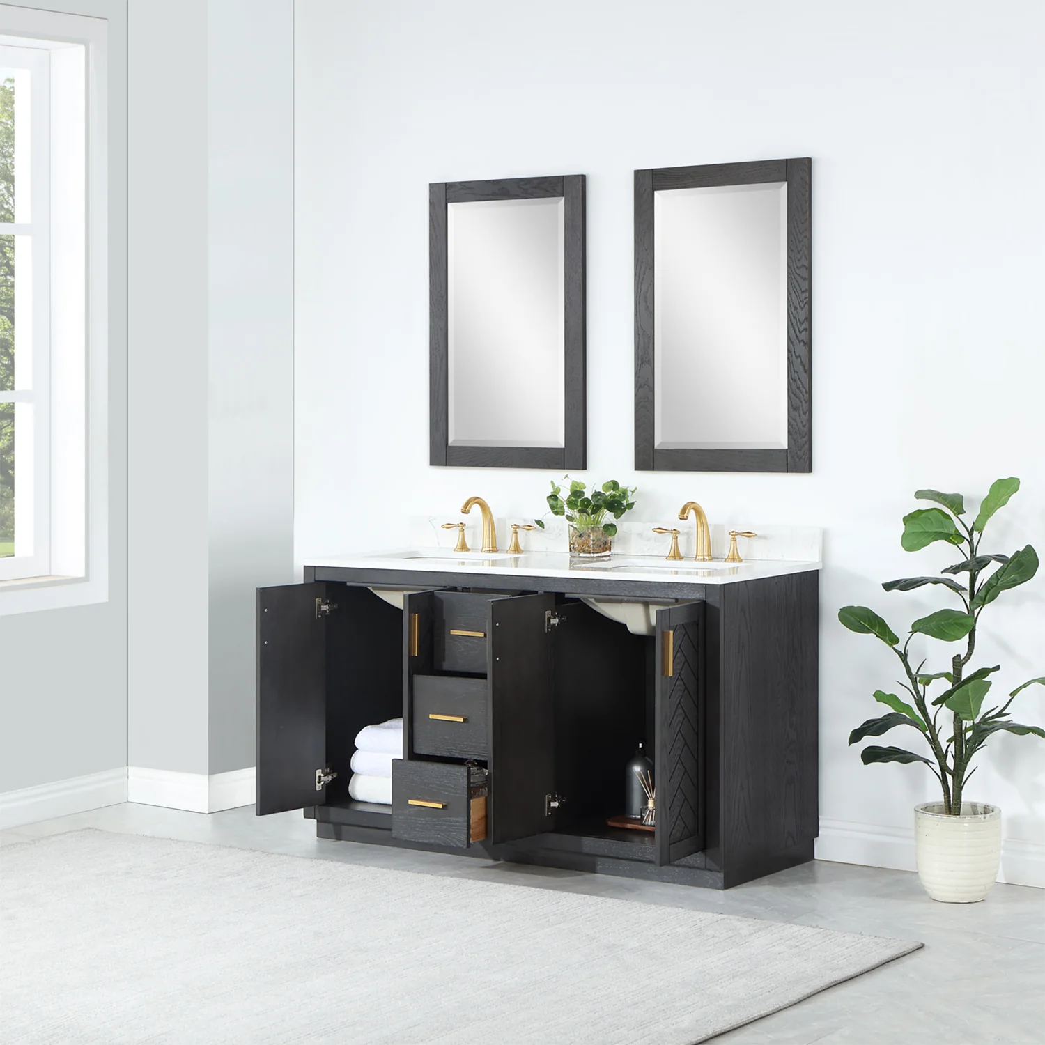 Altair Design Gazsi 60" Double Bathroom Vanity Set in Brown Oak with Grain White Composite Stone Countertop - Image 5