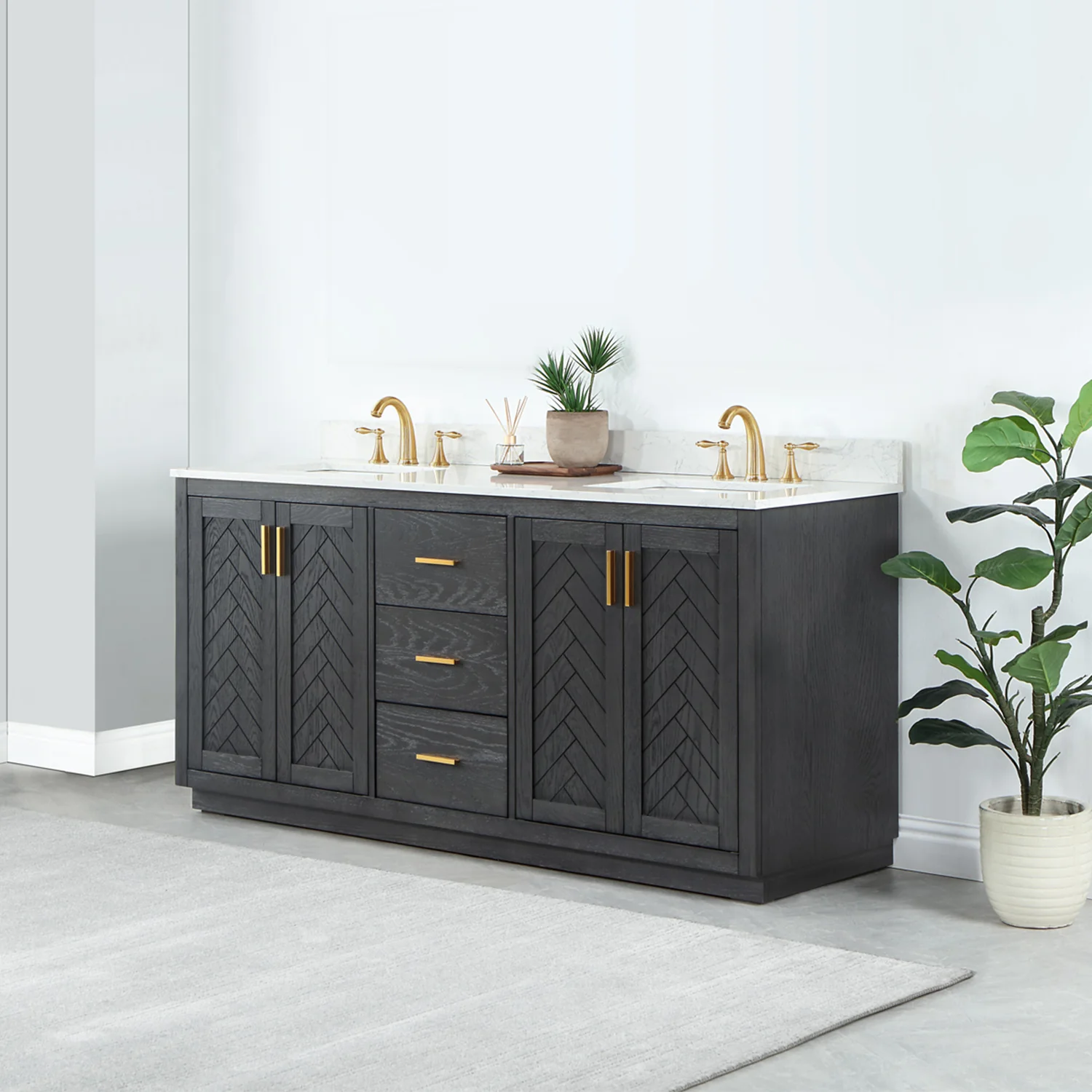 Altair Design Gazsi 72" Double Bathroom Vanity Set in Brown Oak with Grain White Composite Stone Countertop - Image 11