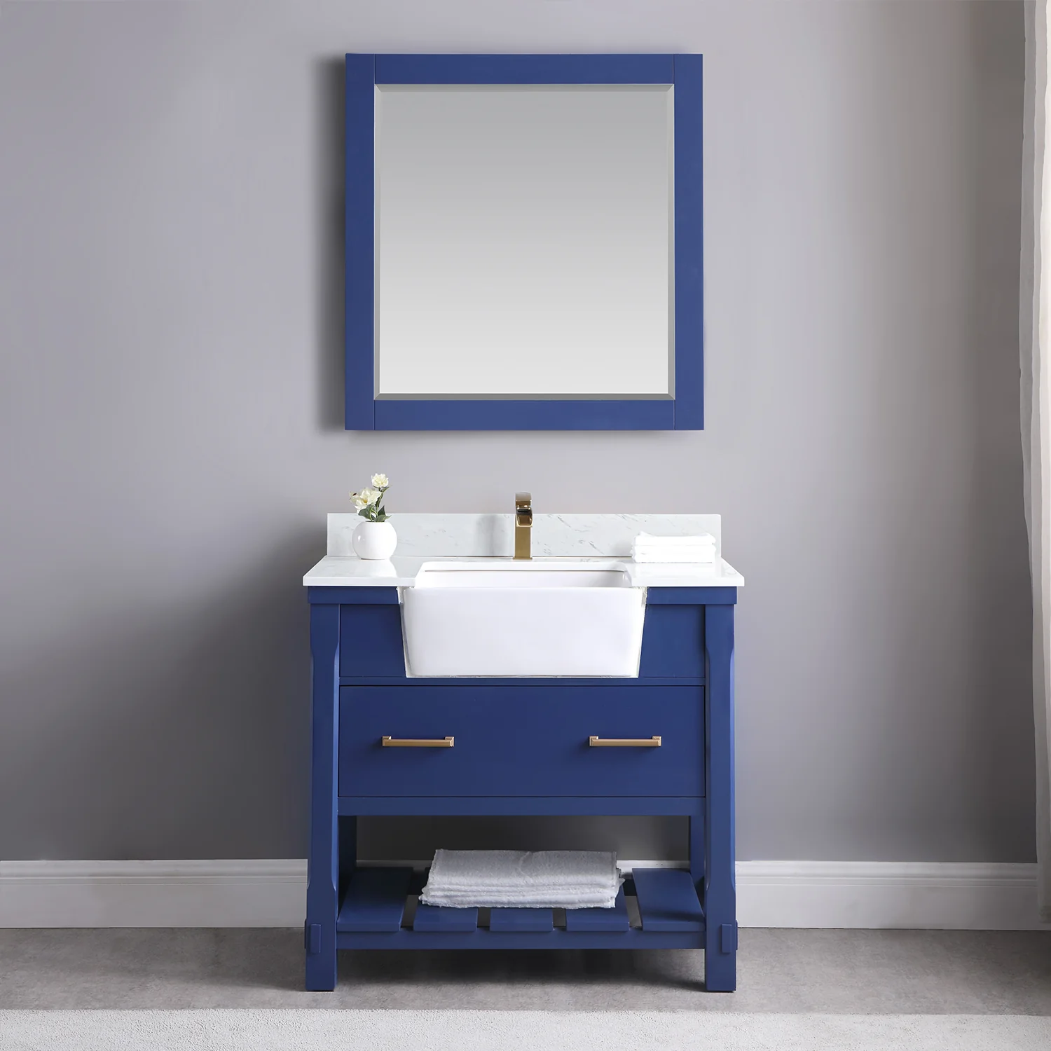 Altair Design Georgia 36" Single Bathroom Vanity Set in Jewelry Blue and Aosta White Composite Stone Top with White Farmhouse Basin