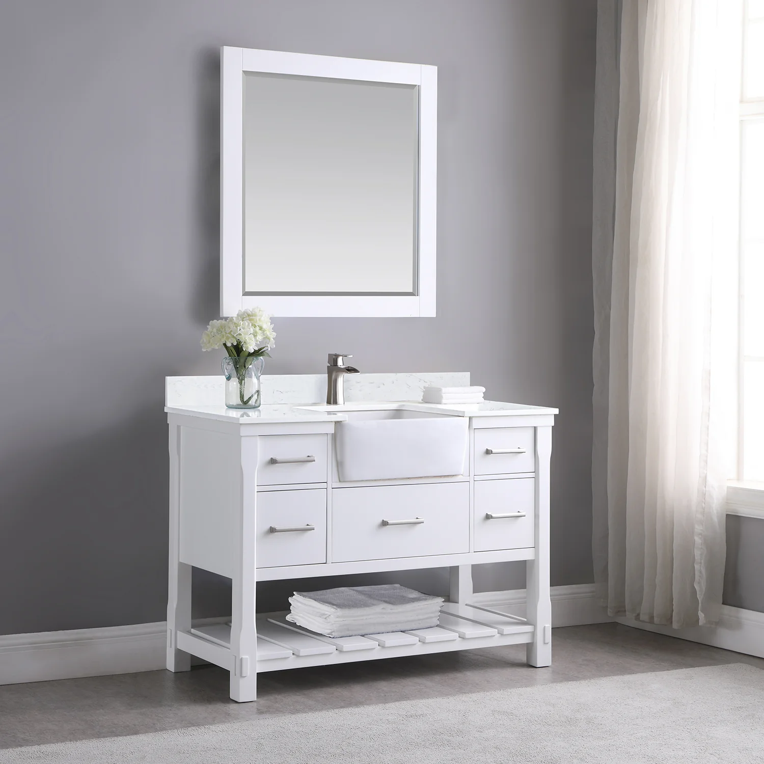 Altair Design Georgia 48" Single Bathroom Vanity Set in White and Aosta White Composite Stone Top with White Farmhouse Basin - Image 6