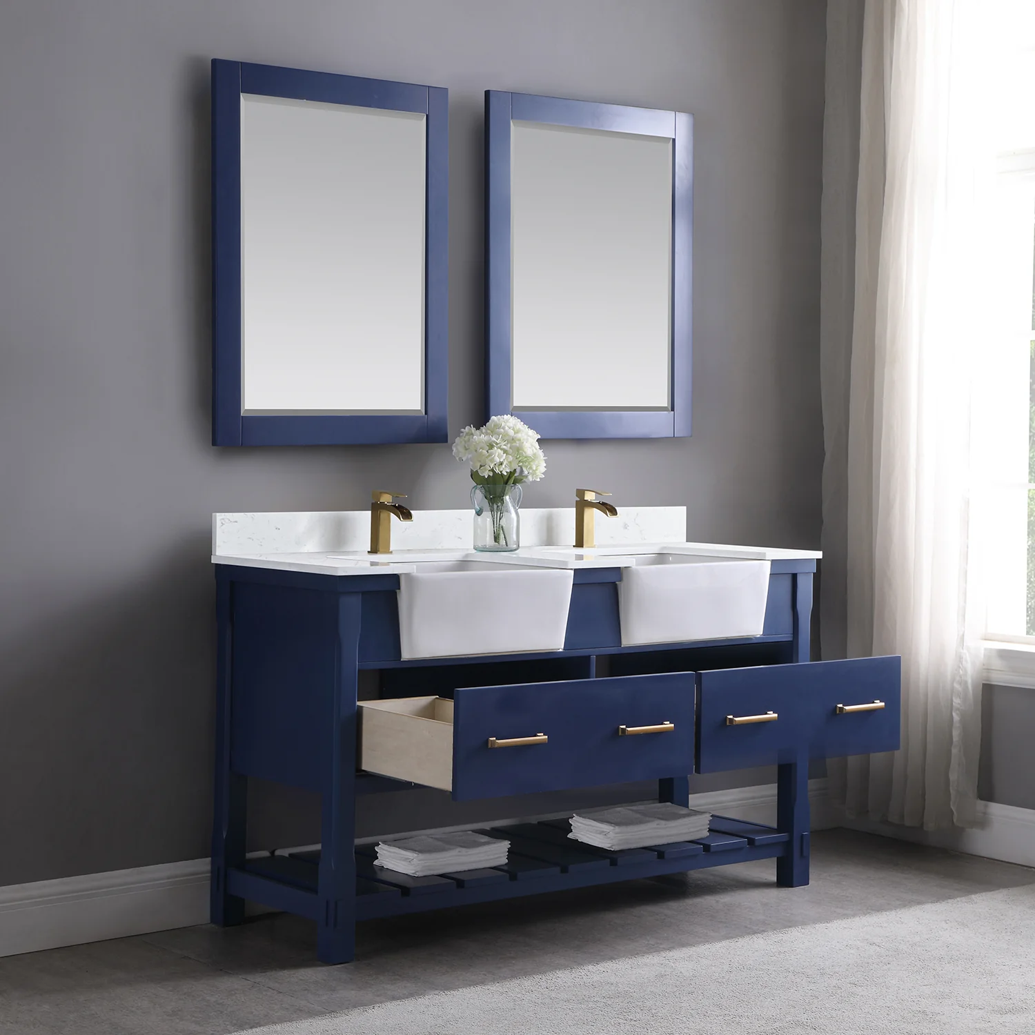 Altair Design Georgia 60" Double Bathroom Vanity Set in Jewelry Blue and Aosta White Composite Stone Top with White Farmhouse Basin - Image 4