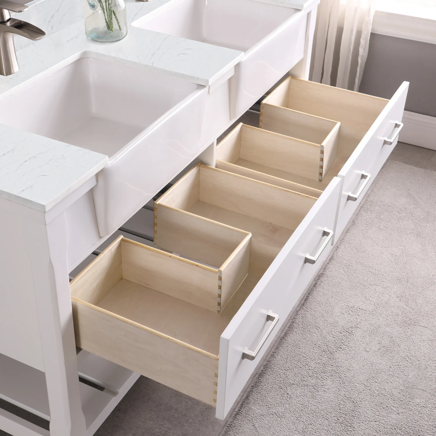 Altair Design Georgia 60" Double Bathroom Vanity Set in White and Aosta White Composite Stone Top with White Farmhouse Basin - Image 8