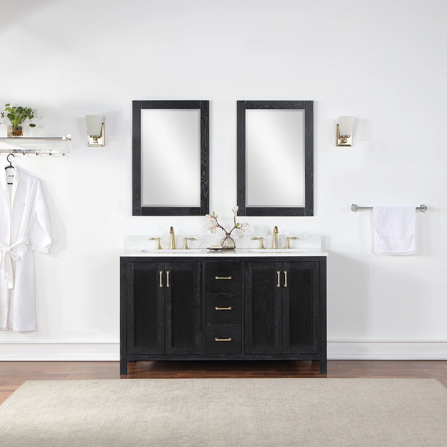 Altair Design Hadiya 60" Double Bathroom Vanity Set in Black Oak with Aosta White Composite Stone Countertop