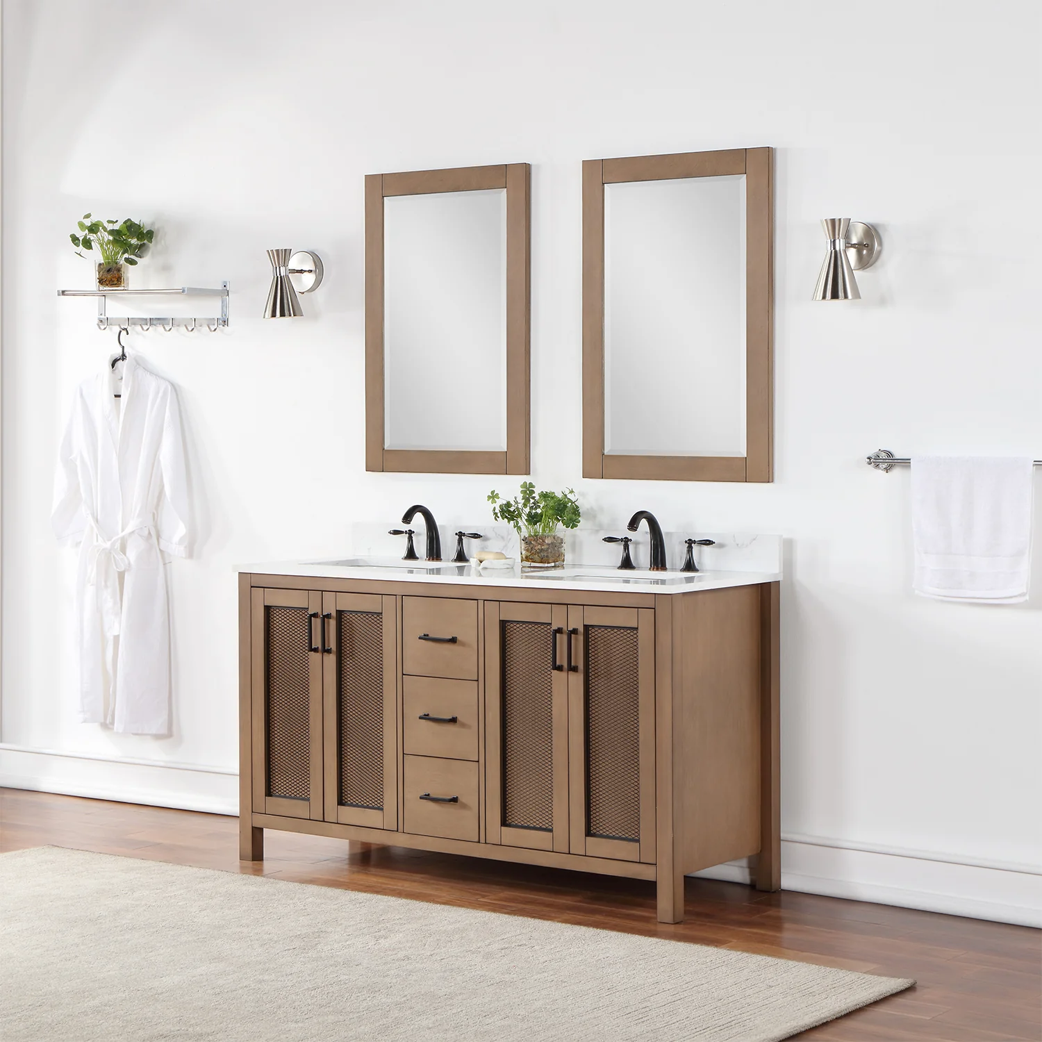 Altair Design Hadiya 60" Double Bathroom Vanity Set in Brown Pine with Aosta White Composite Stone Countertop - Image 3