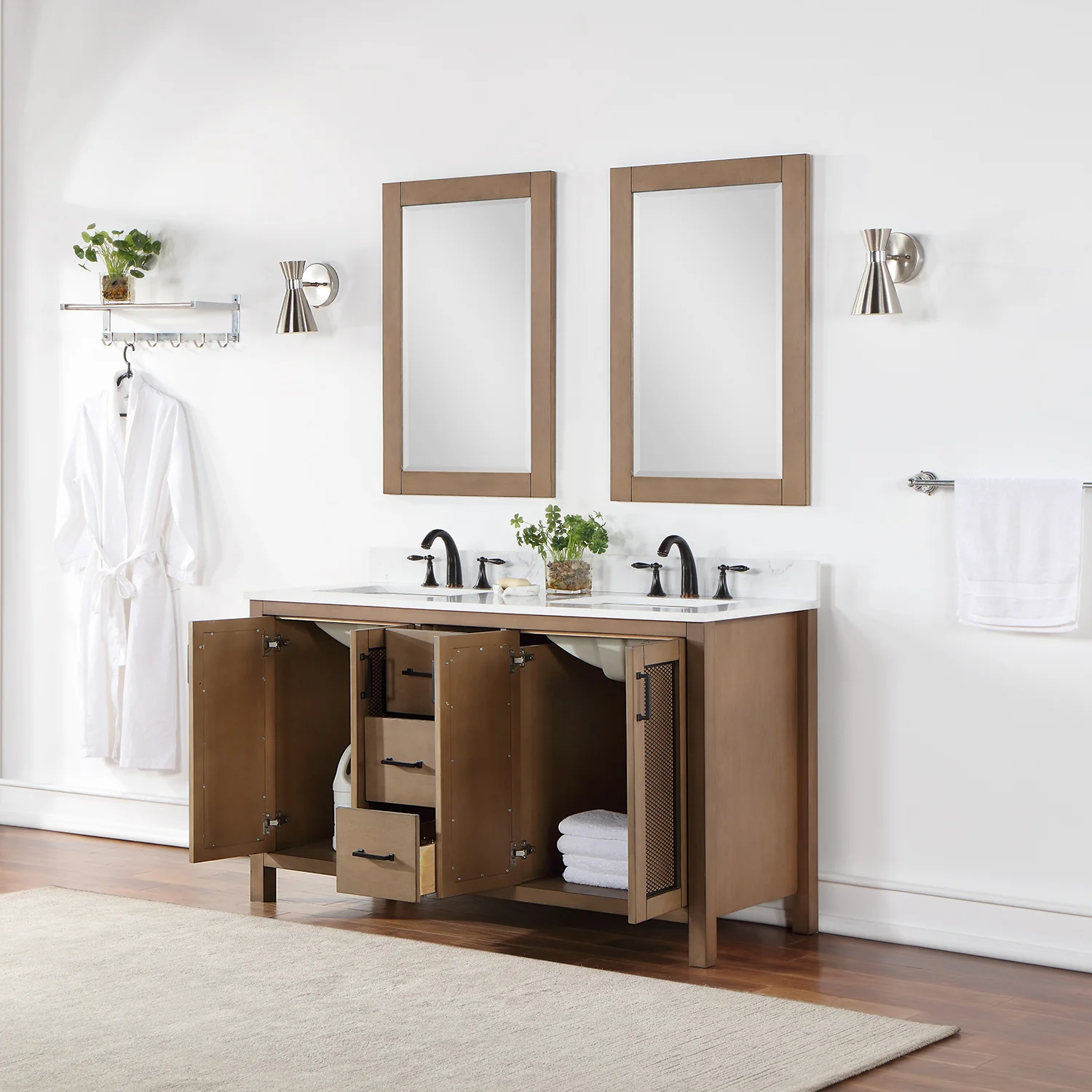 Altair Design Hadiya 60" Double Bathroom Vanity Set in Brown Pine with Aosta White Composite Stone Countertop - Image 5