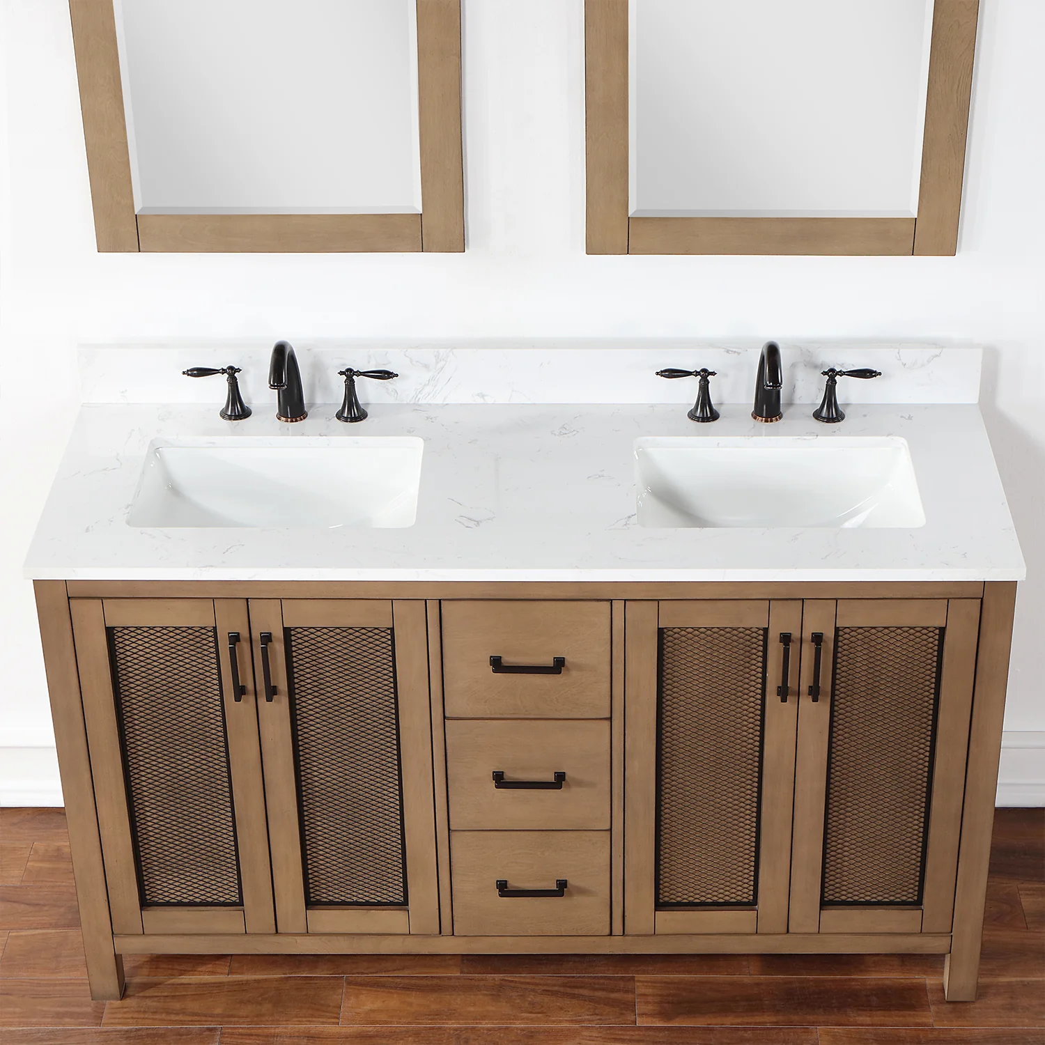 Altair Design Hadiya 60" Double Bathroom Vanity Set in Brown Pine with Aosta White Composite Stone Countertop - Image 7