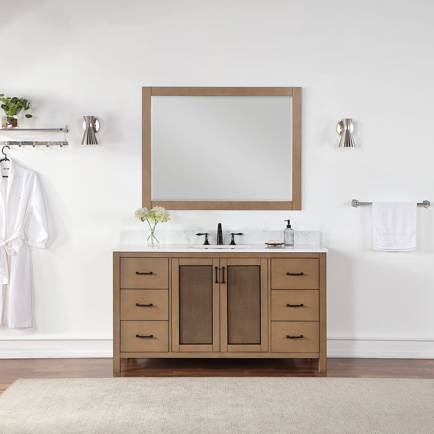 Altair Design Hadiya 60" Single Bathroom Vanity Set in Brown Pine with Aosta White Composite Stone Countertop