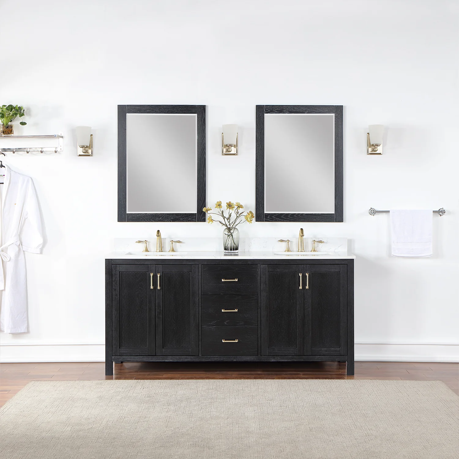 Altair Design Hadiya 72" Double Bathroom Vanity Set in Black Oak with Aosta White Composite Stone Countertop