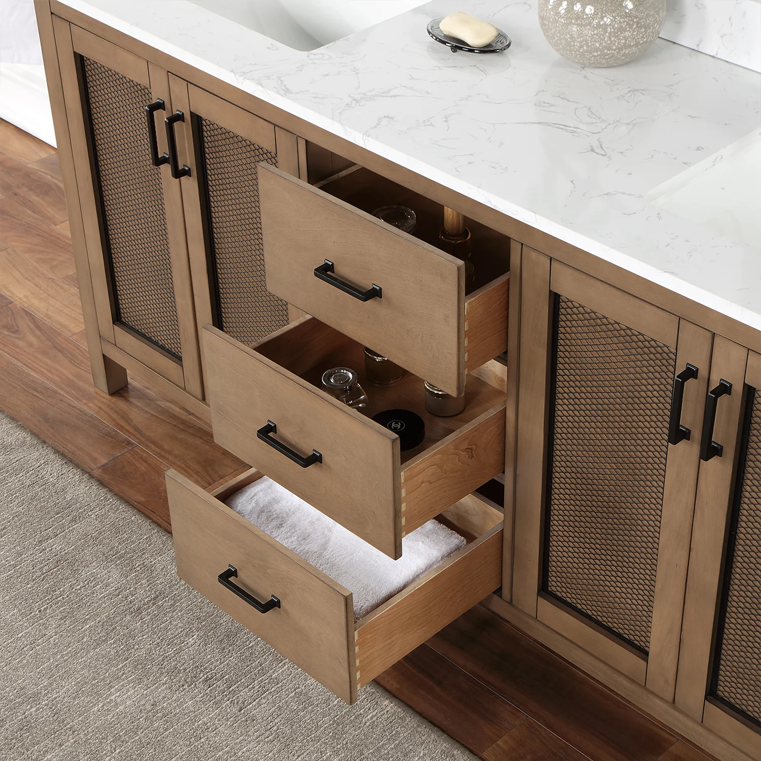 Altair Design Hadiya 72" Double Bathroom Vanity Set in Brown Pine with Aosta White Composite Stone Countertop - Image 14