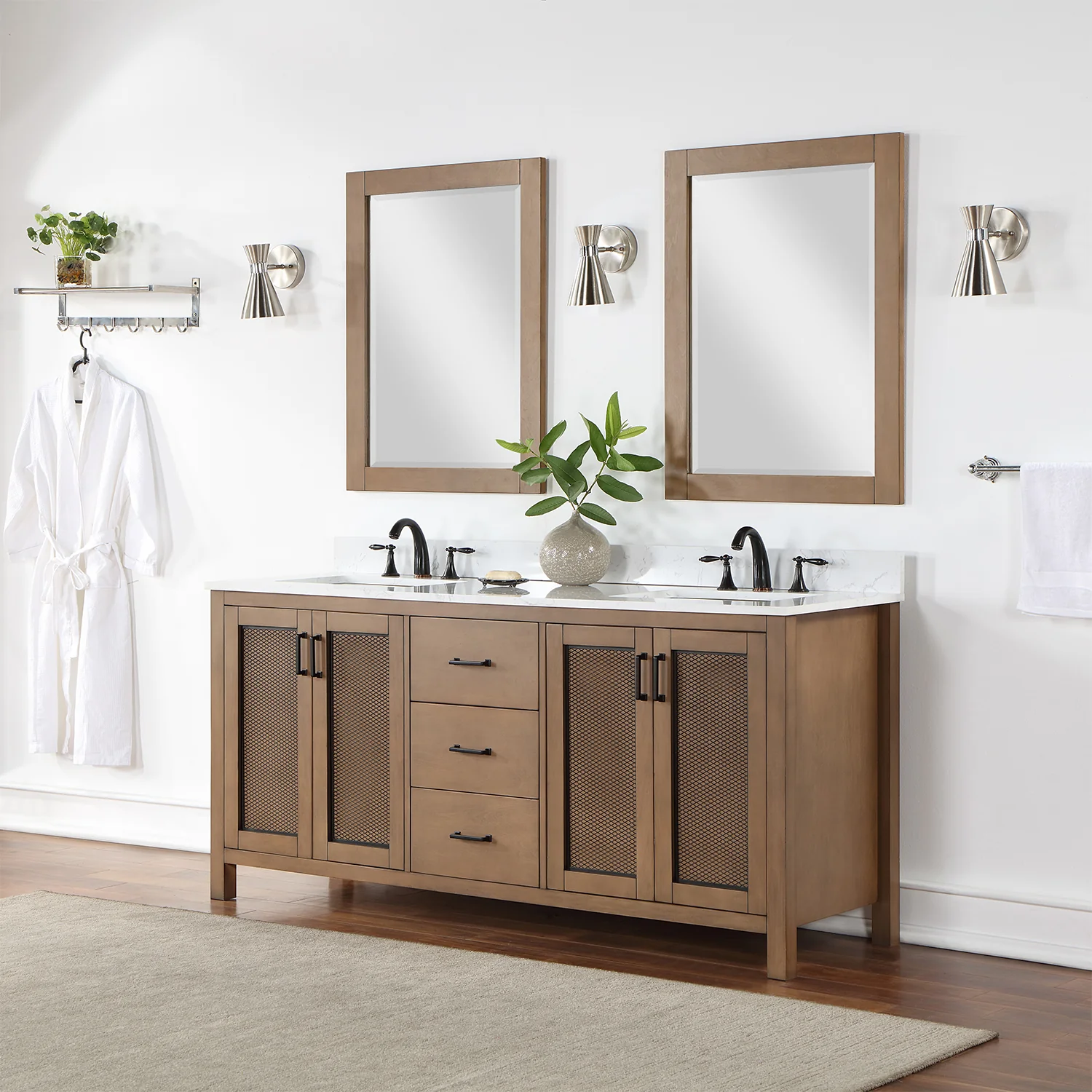 Altair Design Hadiya 72" Double Bathroom Vanity Set in Brown Pine with Aosta White Composite Stone Countertop - Image 3