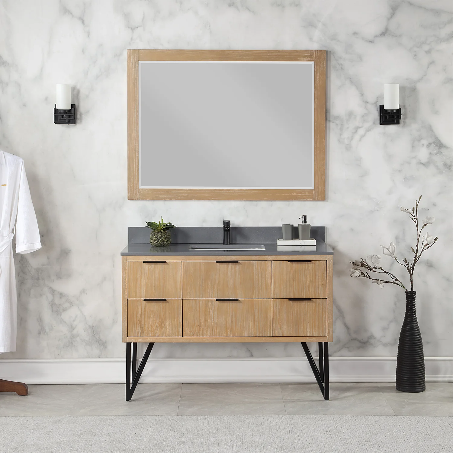 Altair Design Helios 48" Single Bathroom Vanity in Weathered Pine with Carrara White Composite Stone Countertop