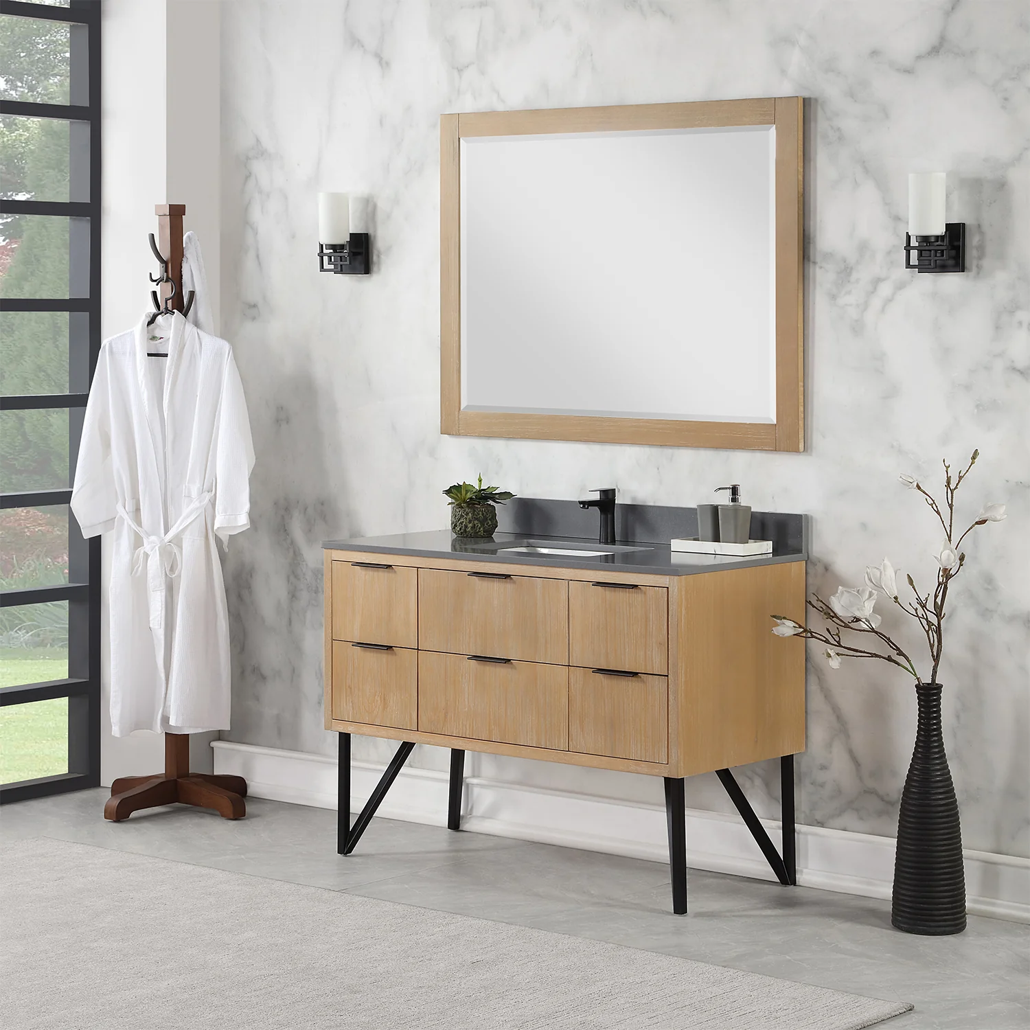 Altair Design Helios 48" Single Bathroom Vanity in Weathered Pine with Carrara White Composite Stone Countertop - Image 3