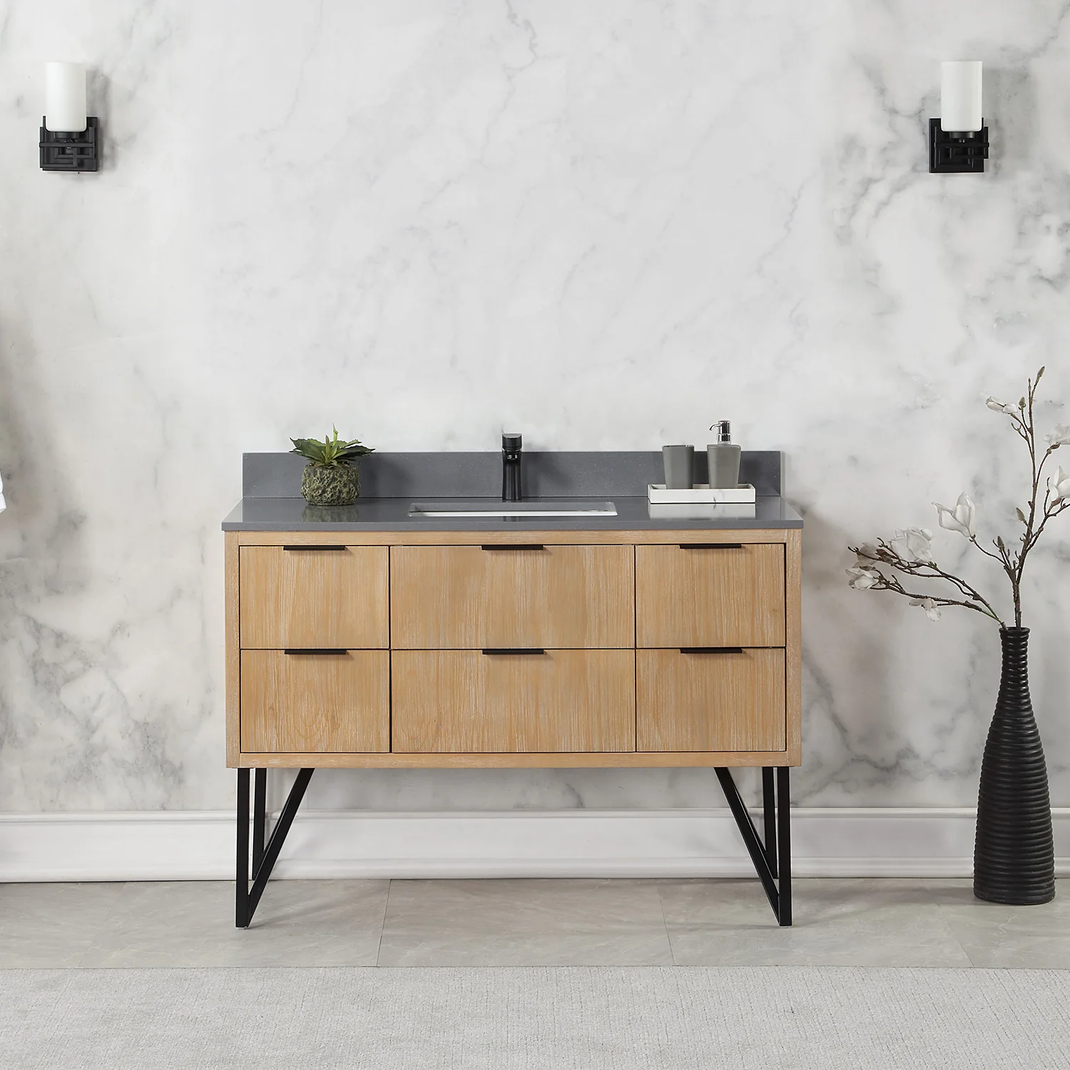 Altair Design Helios 48" Single Bathroom Vanity in Weathered Pine with Carrara White Composite Stone Countertop - Image 9