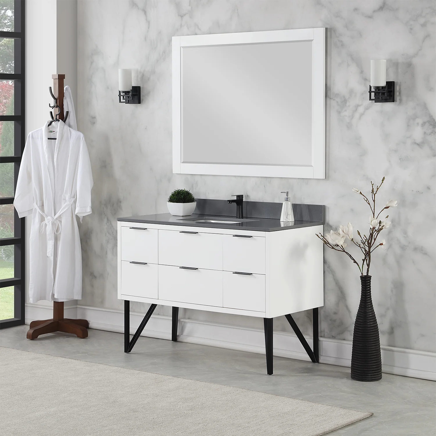 Altair Design Helios 48" Single Bathroom Vanity in White with Concrete Gray Composite Stone Countertop - Image 3
