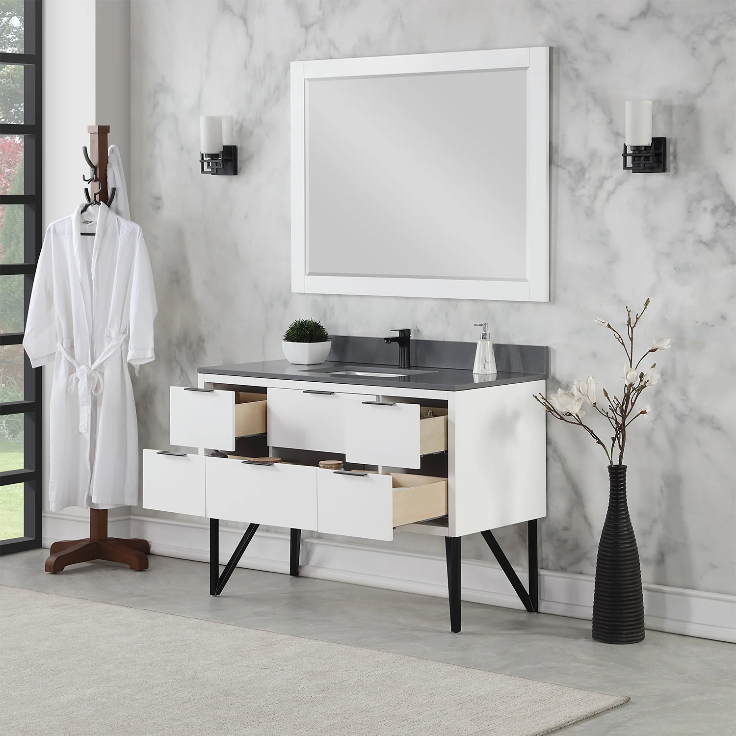 Altair Design Helios 48" Single Bathroom Vanity in White with Concrete Gray Composite Stone Countertop - Image 5