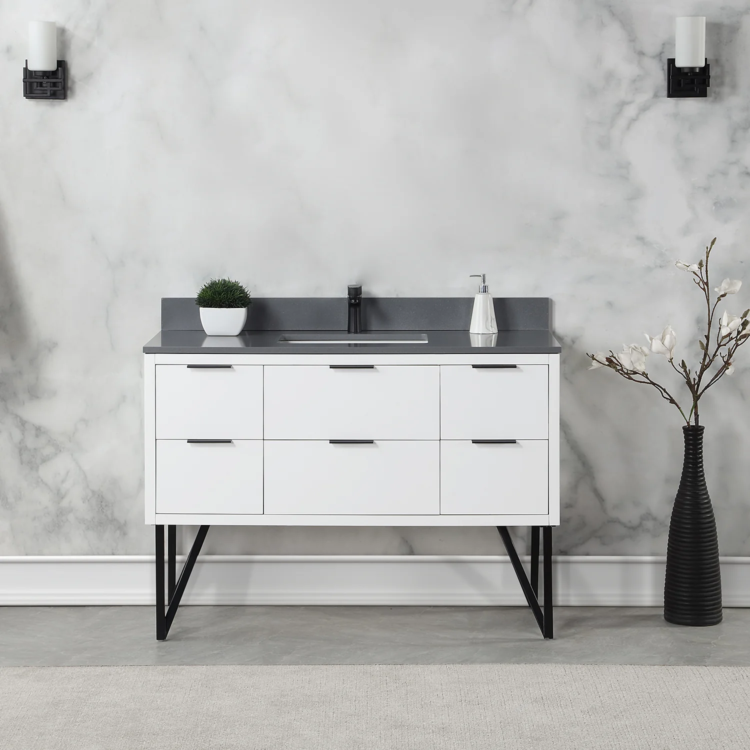 Altair Design Helios 48" Single Bathroom Vanity in White with Concrete Gray Composite Stone Countertop - Image 9