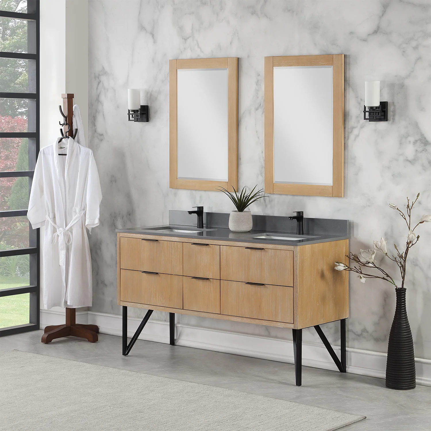 Altair Design Helios 60" Double Bathroom Vanity in Weathered Pine with Carrara White Composite Stone Countertop - Image 3